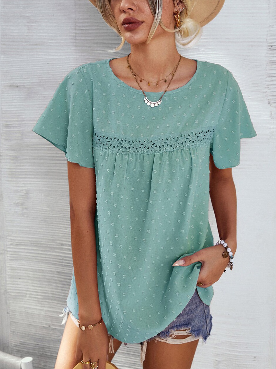

StyleCast Green Self Design Lace Top