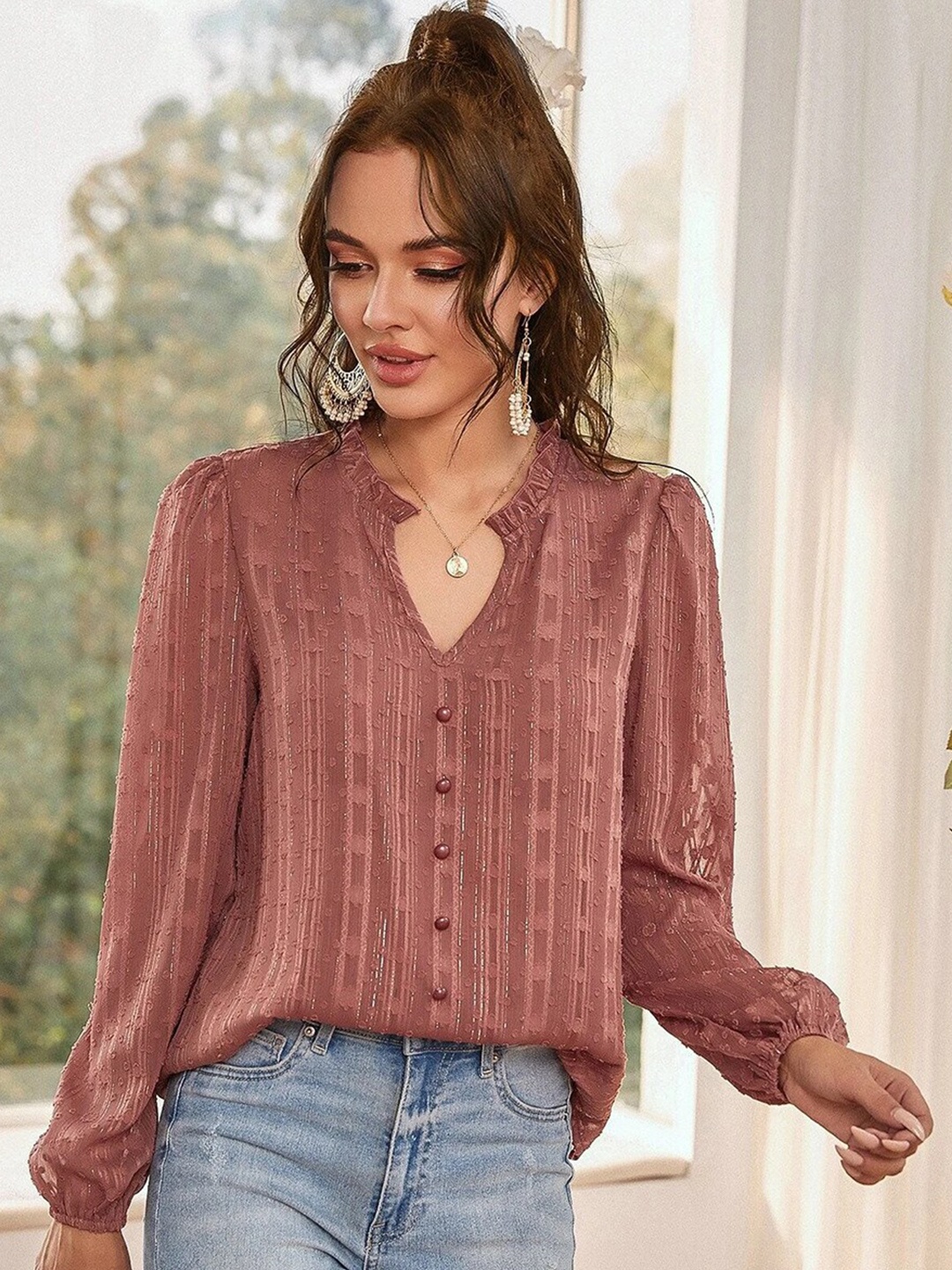 

StyleCast Women Brown Mandarin Collar Sheer Top