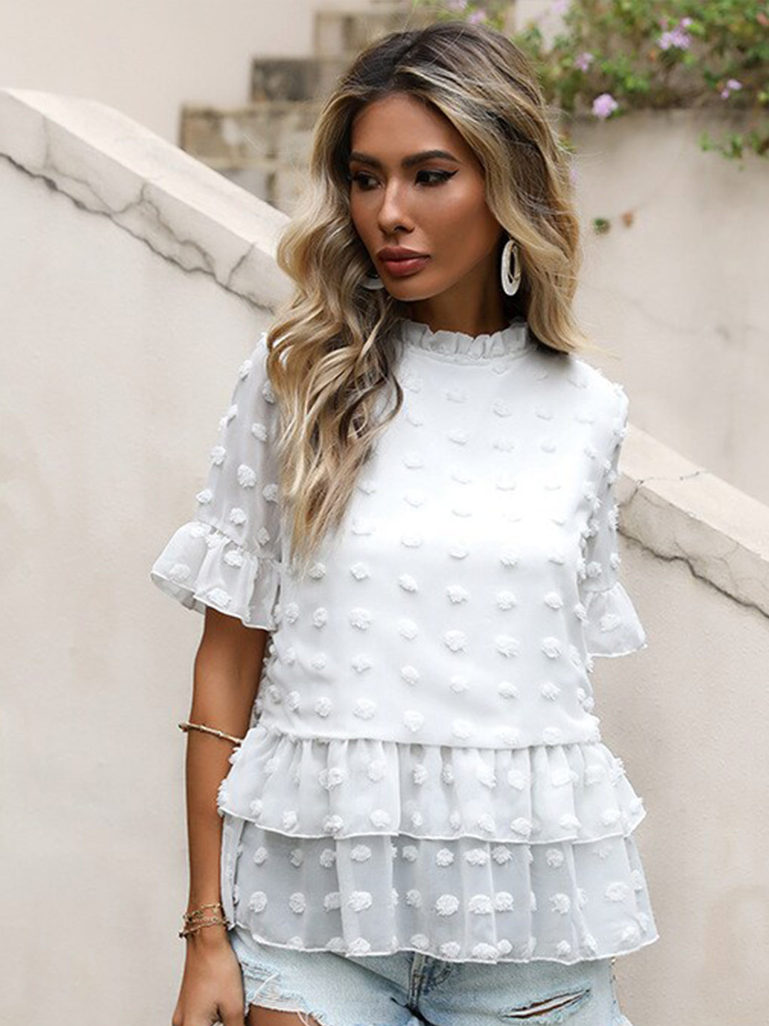 

StyleCast Women White Round neck Peplum Top
