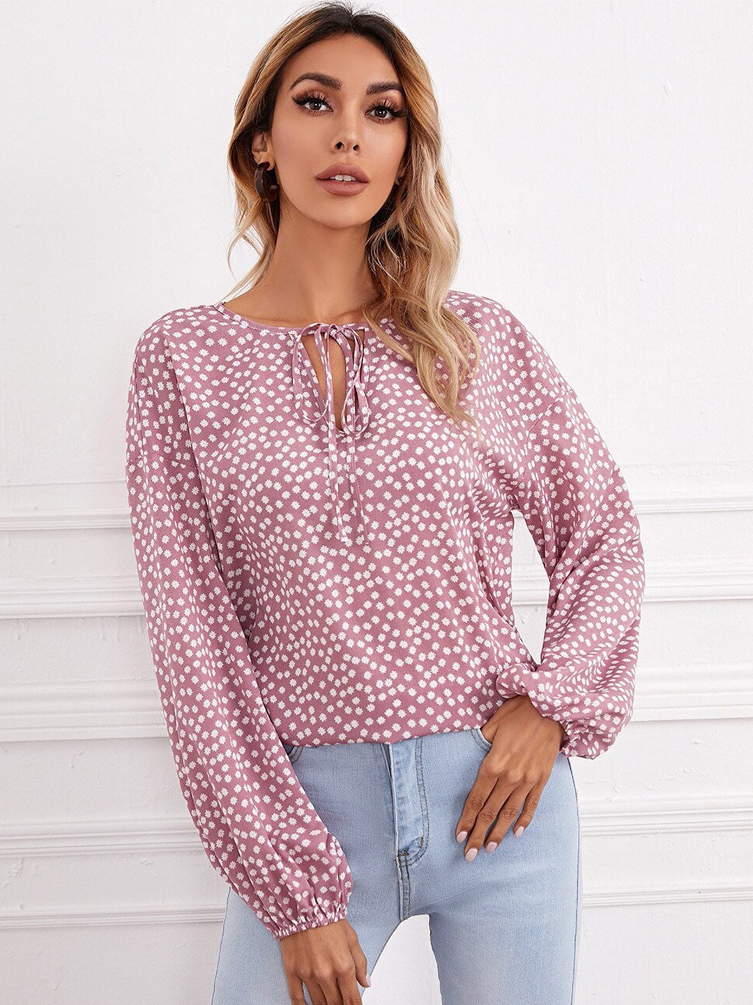 

BoStreet Pink Floral Print Tie-Up Neck Top