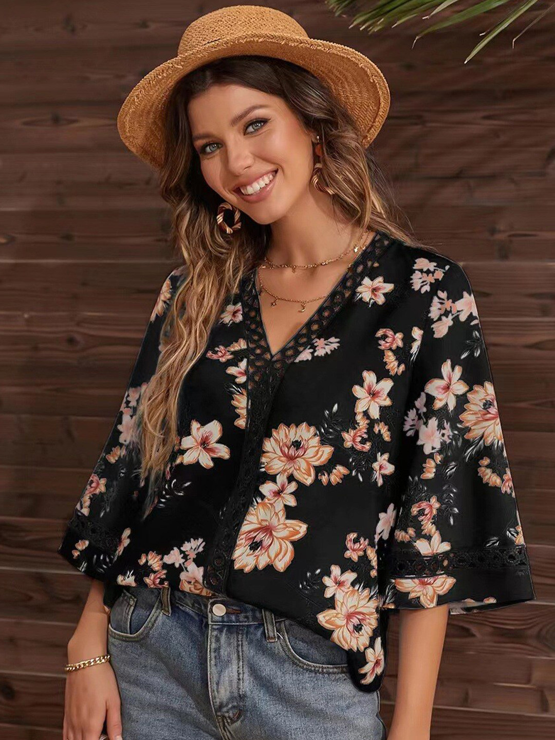 

BoStreet Women Black Floral Print Top