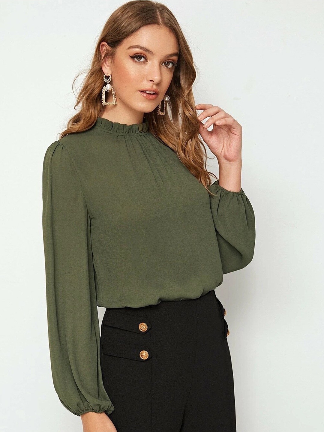 

BoStreet Mock Neck Solid Regular Green Top