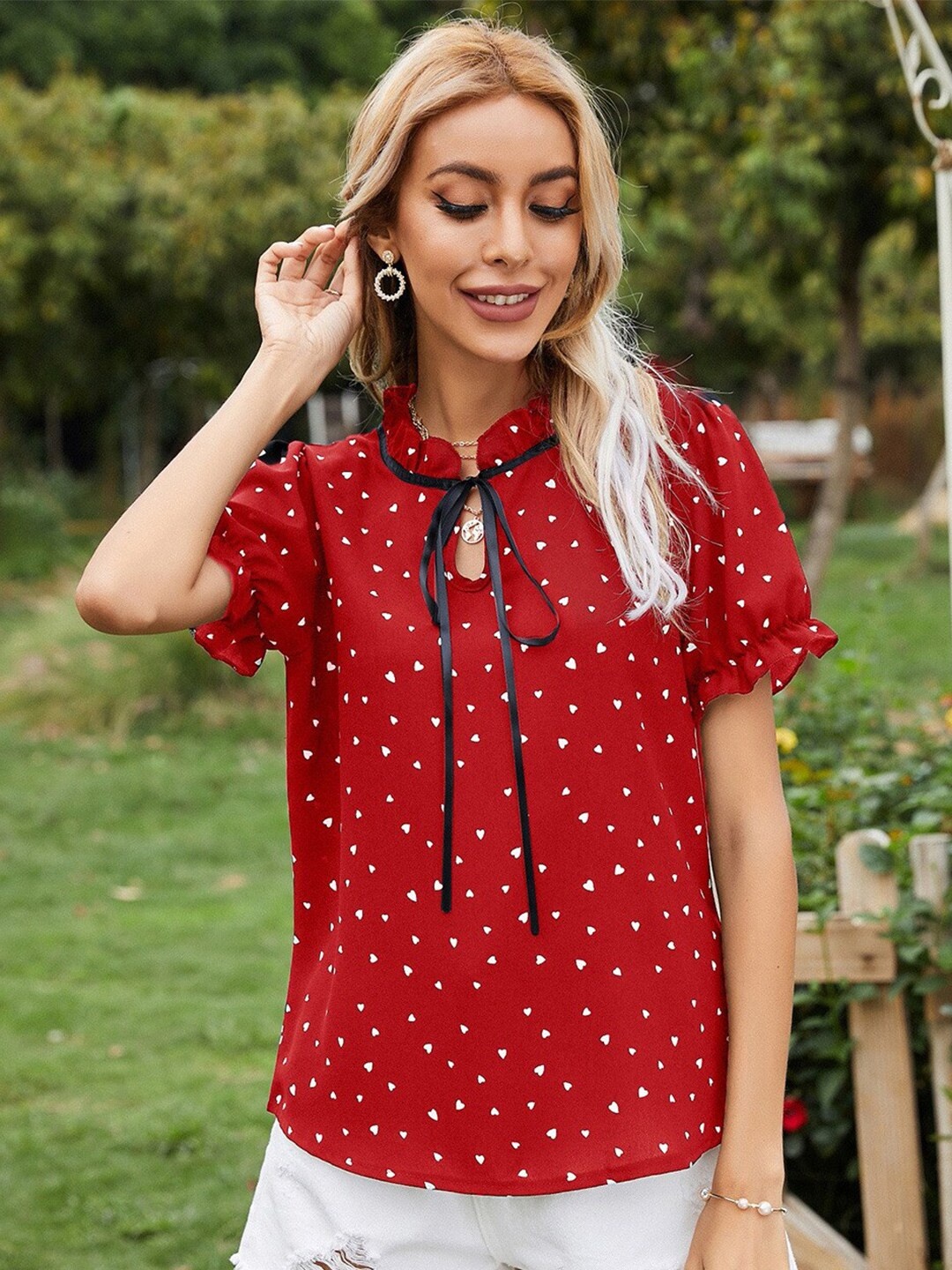 

BoStreet Red Printed Tie-Up Neck Top