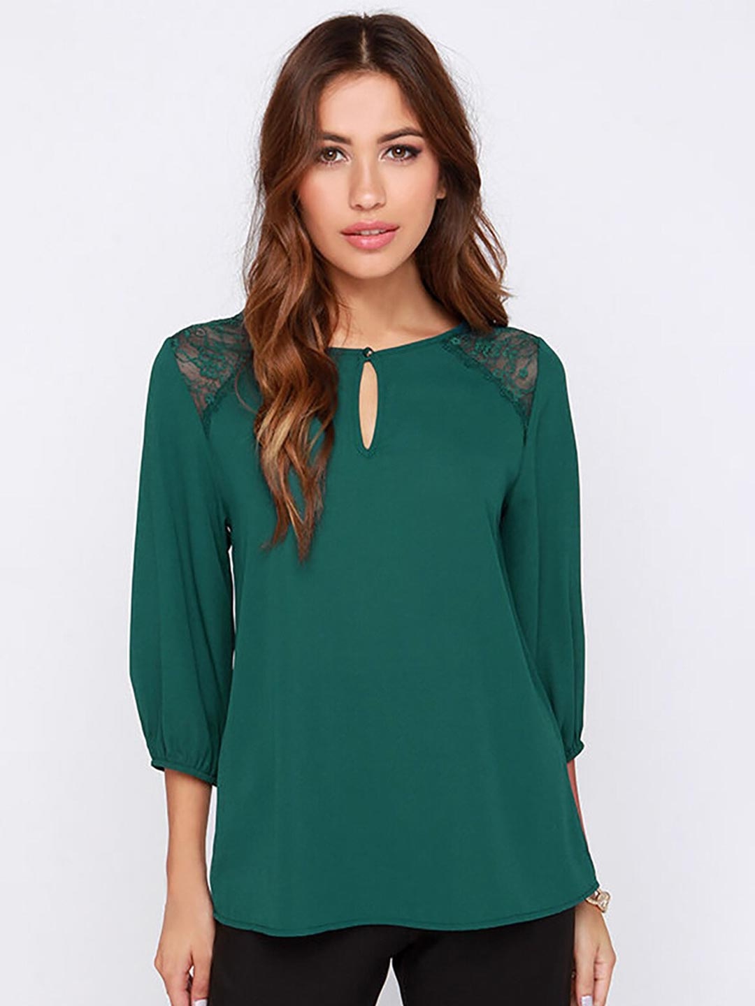 

BoStreet Women Green Solid Keyhole Neck Regular Top