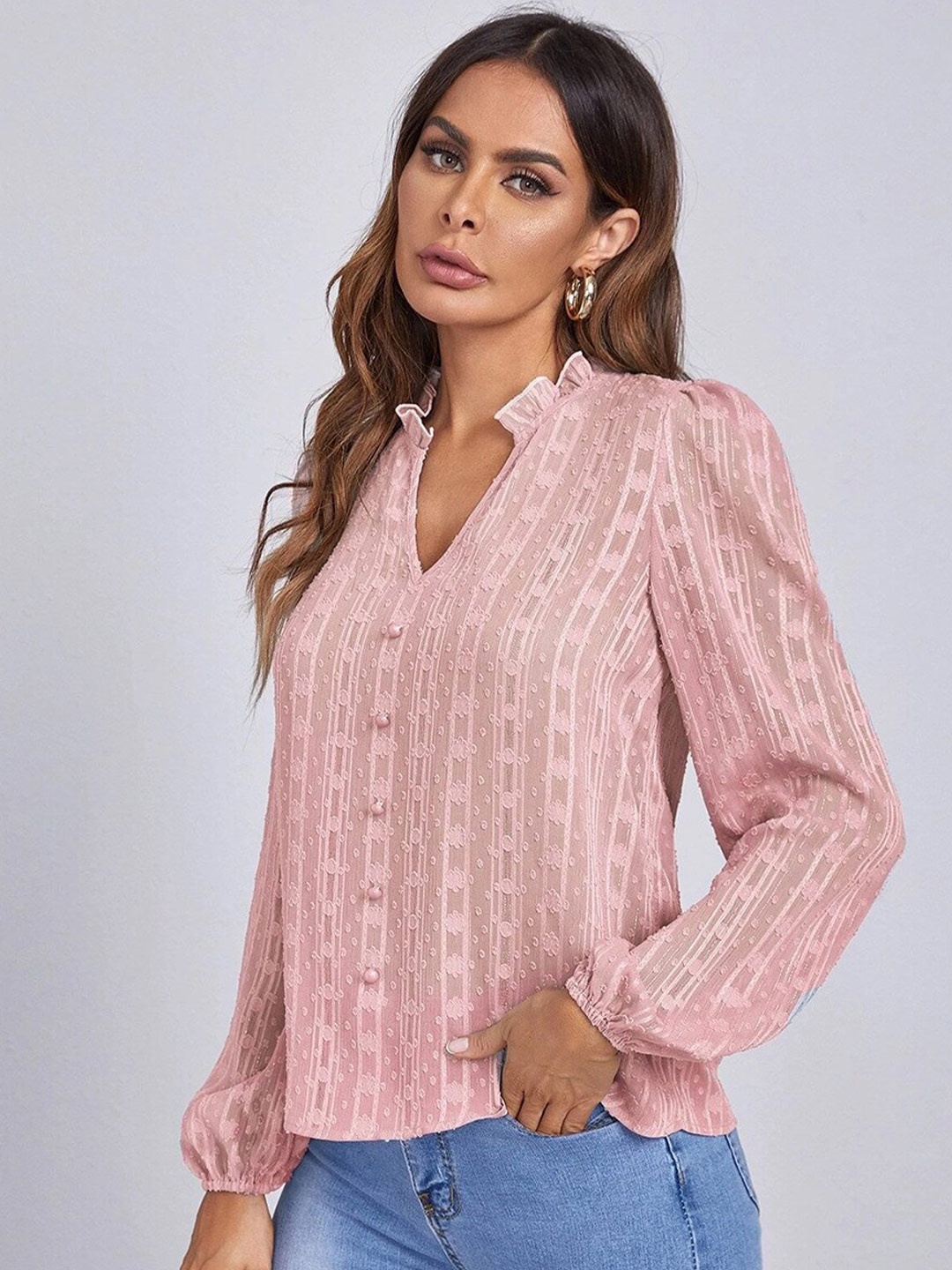 

BoStreet Nude-Coloured Floral Bishop Sleeves Sheer Top