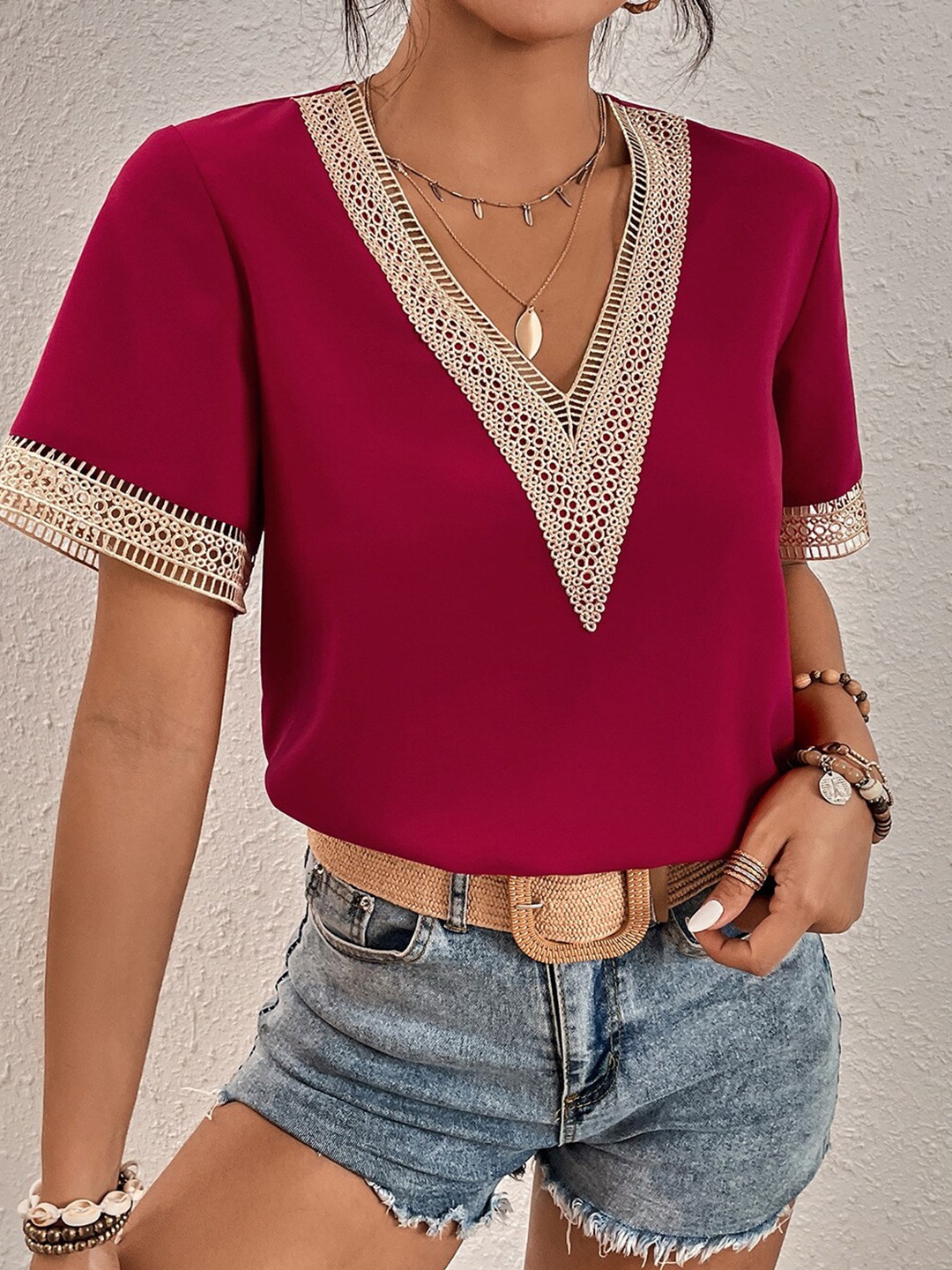 

BoStreet Red & Off White Lace Embellished Top