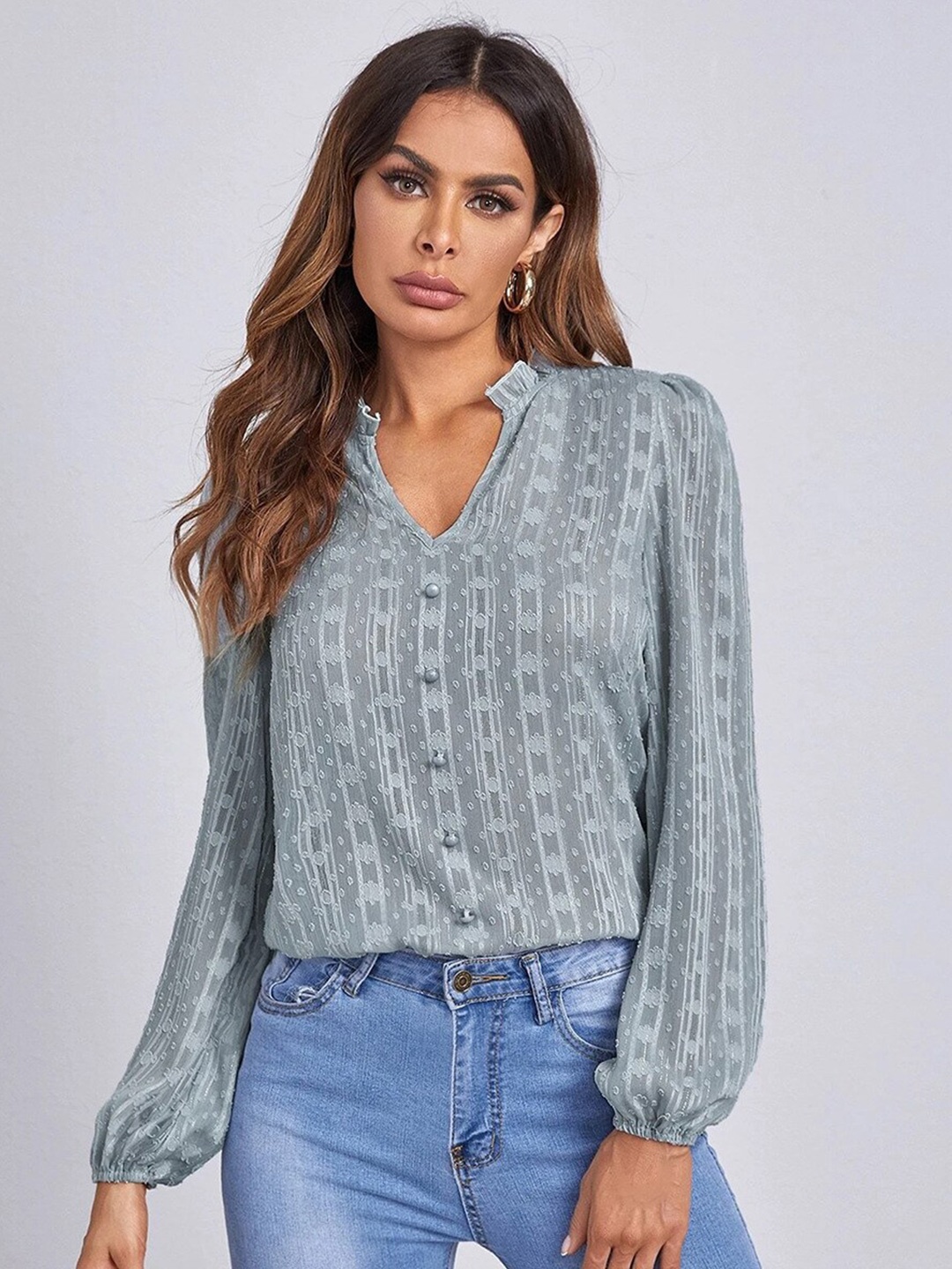 

BoStreet Women Blue Printed Sheer Shirt Style Top