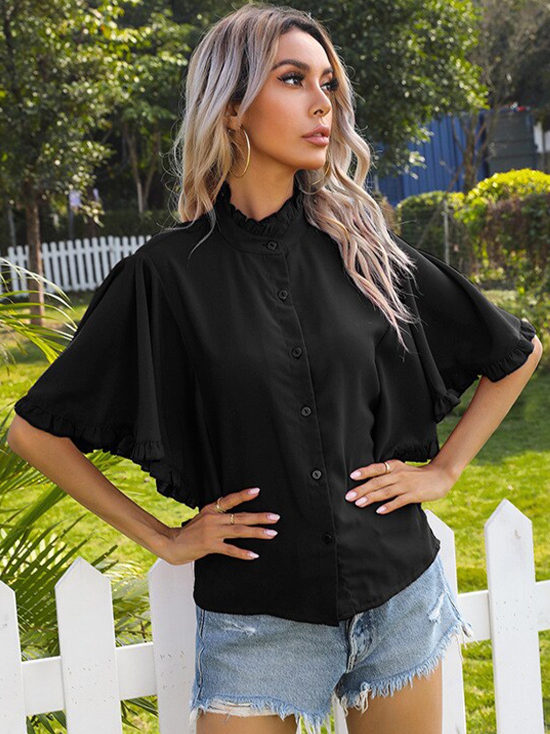 

StyleCast Black Print Mandarin Collar Top