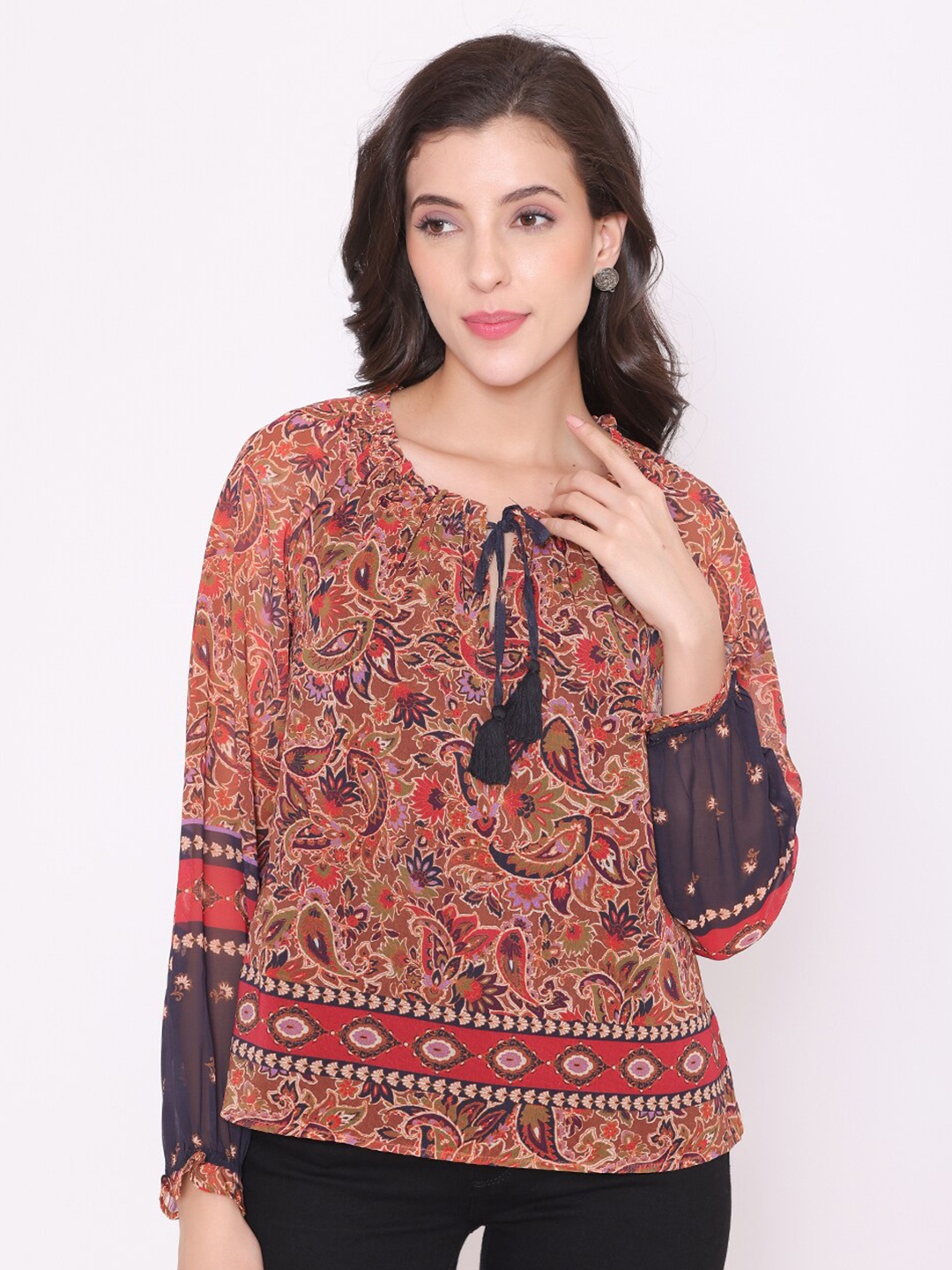 

FLAWLESS Women Red Print Tie-Up Neck Chiffon Top