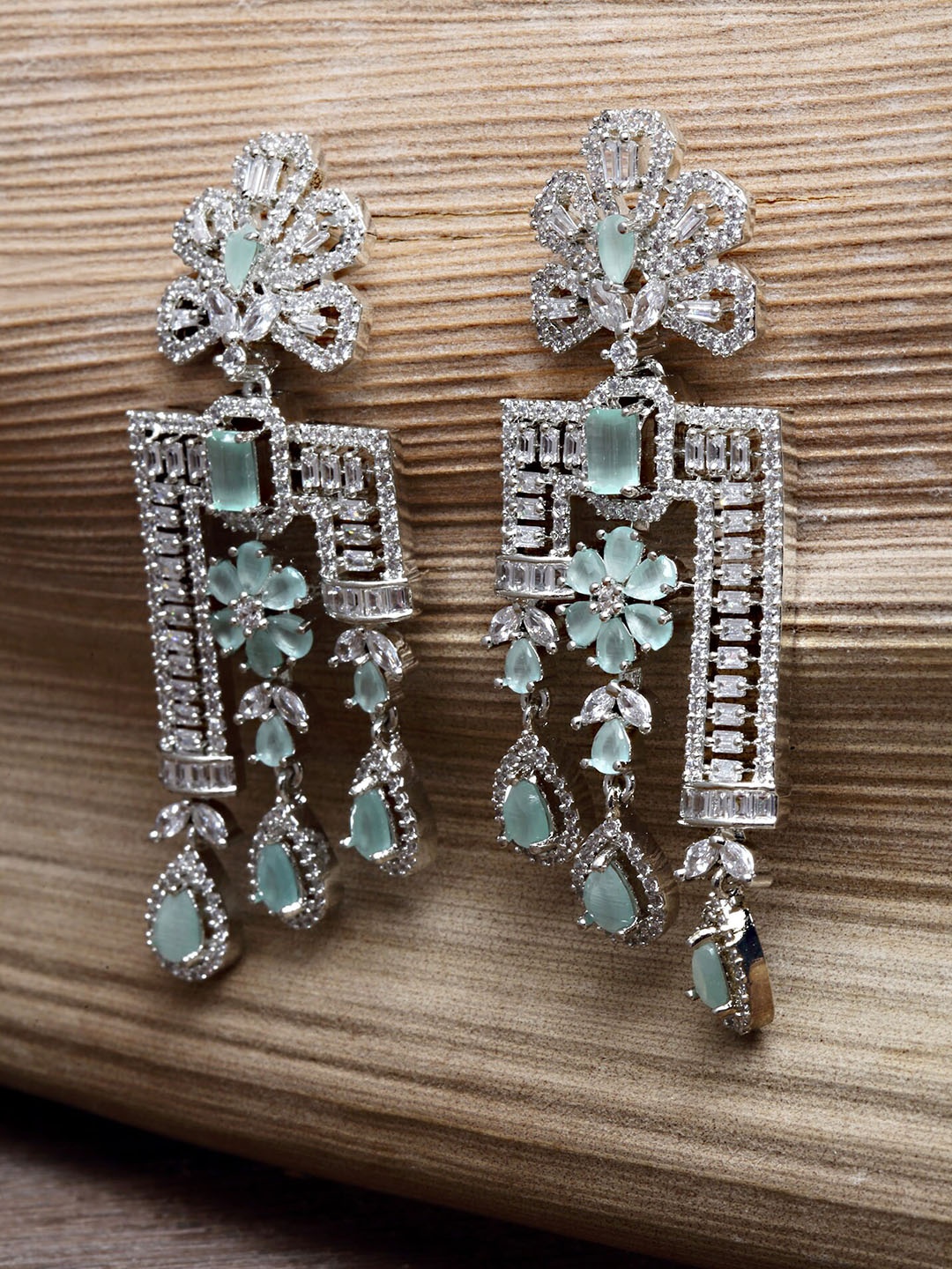 

KARATCART Lime Green & White American Diamond Studded Drop Earrings