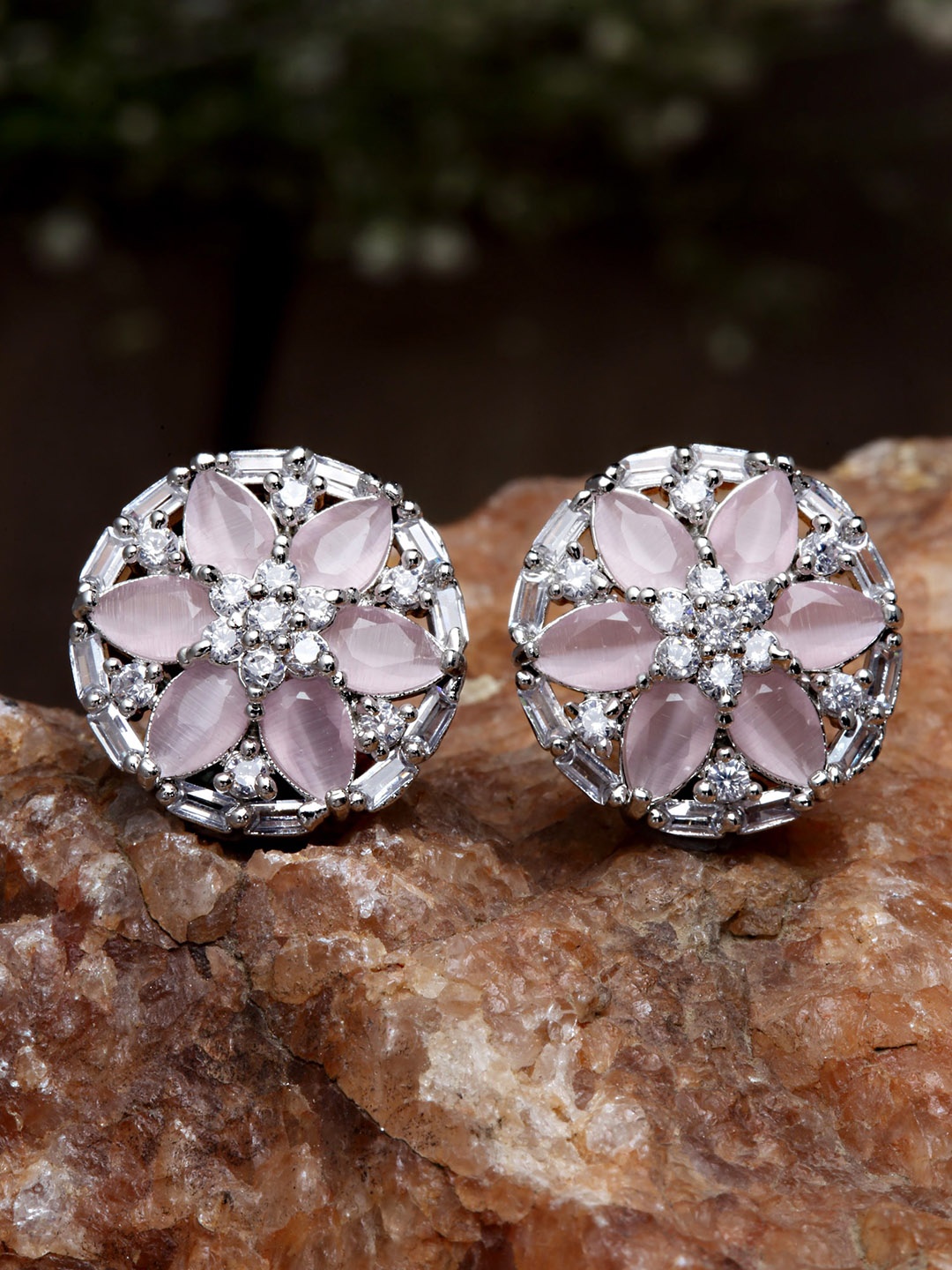 

KARATCART Women Silver-Toned & Pink Contemporary AD Studs Earrings