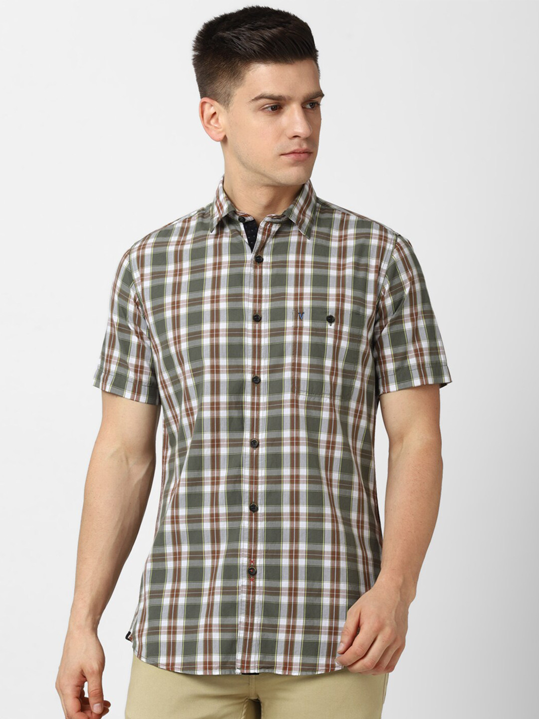 

VAN HEUSEN DENIM LABS Men Green Slim Fit Tartan Checks Checked Casual Shirt