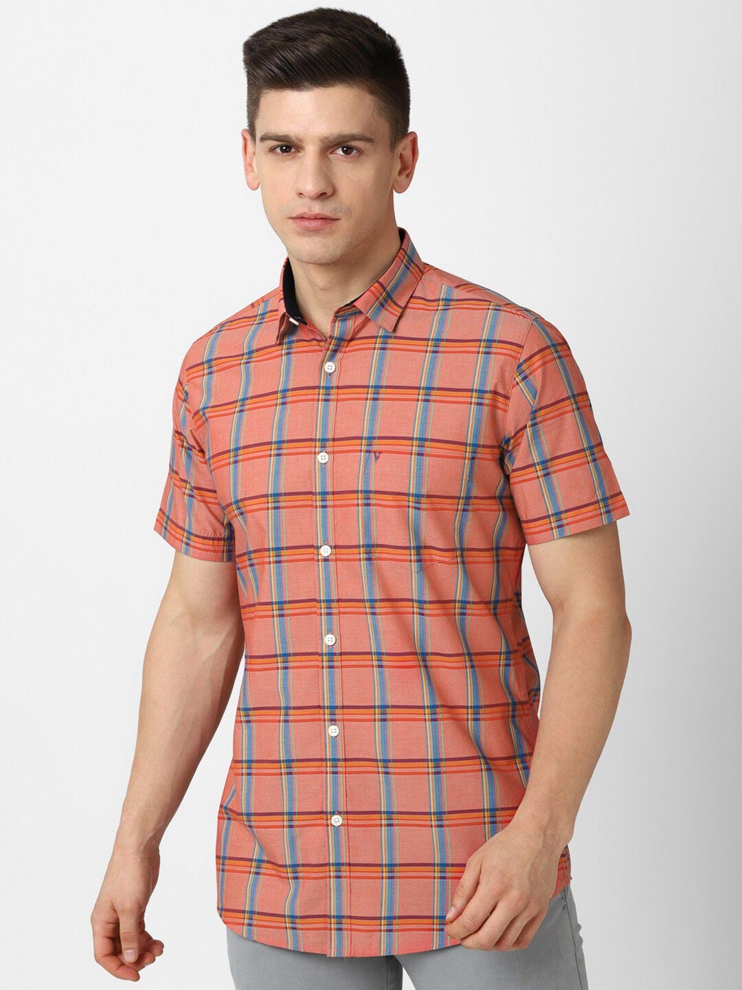 Van Heusen Sport Men Orange Slim Fit Tartan Checks Checked Casual Shirt