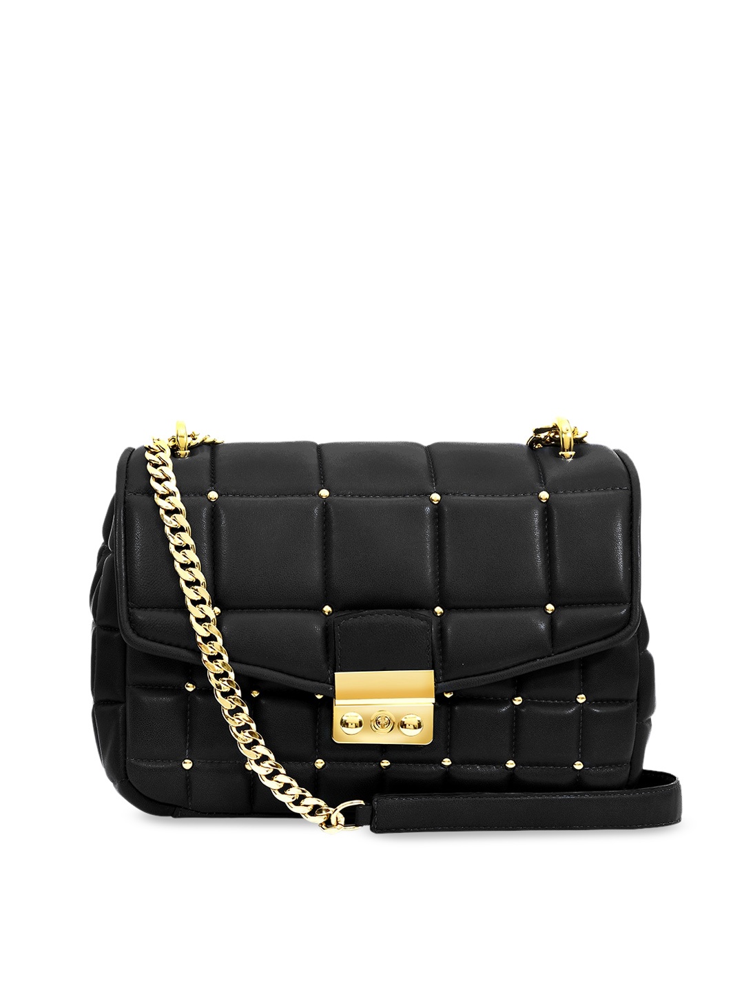 

Eske Black Leather Structured Sling Bag with Quilted
