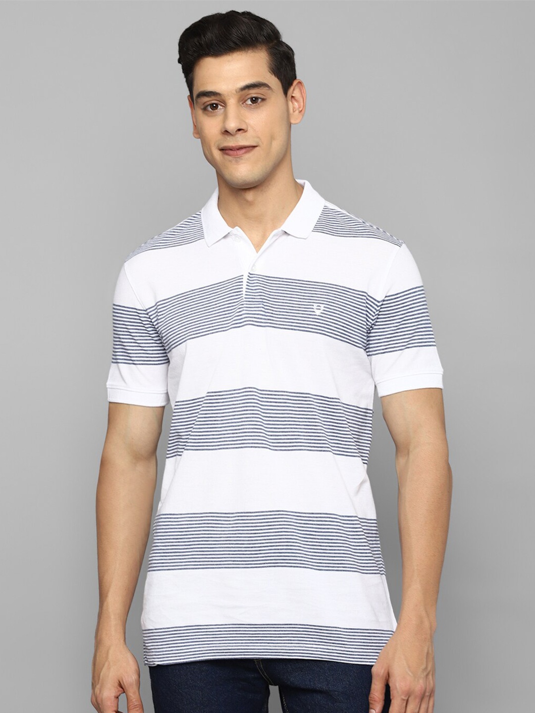 

Allen Solly Men White & Navy Blue Striped Polo Collar Cotton T-shirt