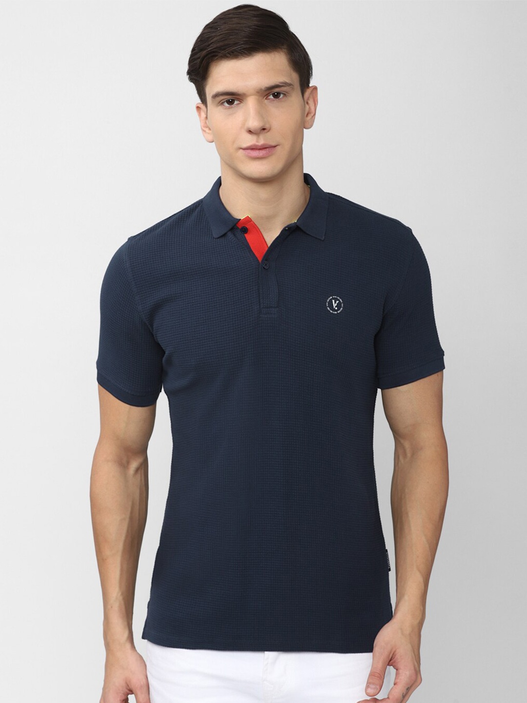

V Dot Men Navy Blue Polo Collar Slim Fit T-shirt