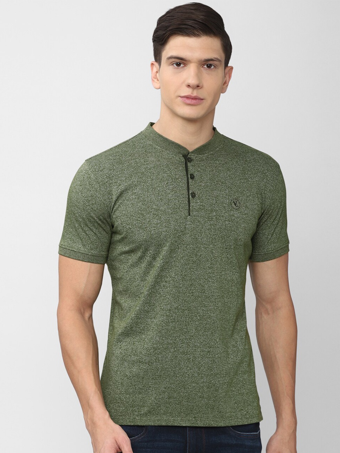 

V Dot Men Olive Green Henley Neck Slim Fit T-shirt