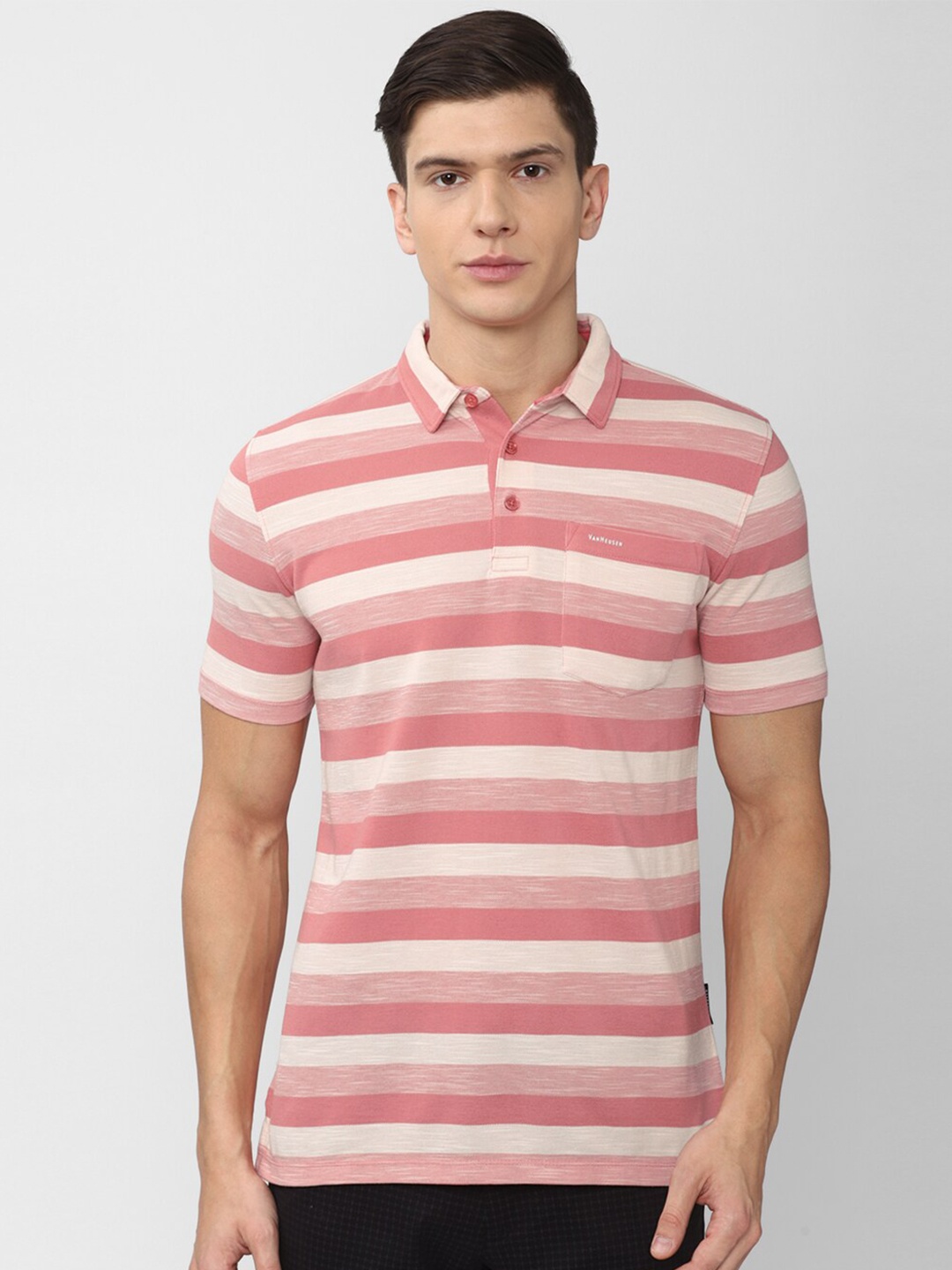 

Van Heusen Men Pink & Beige Striped Polo Collar T-shirt