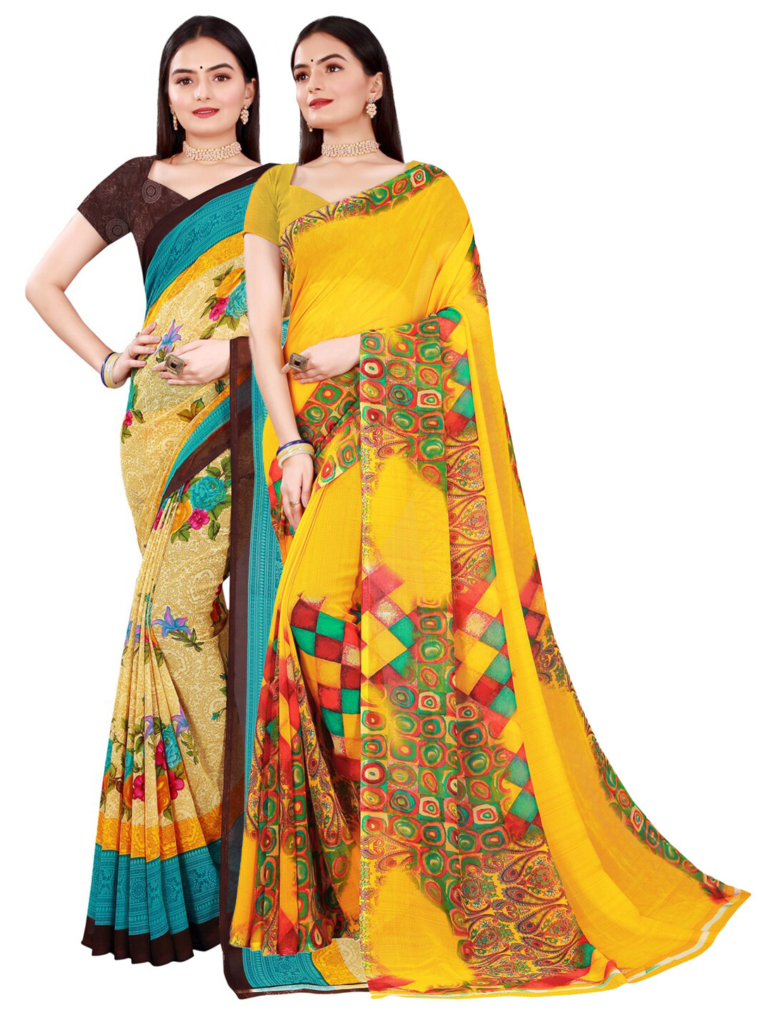 

SAADHVI Women Pack Of 2 Yellow & Beige Pure Georgette Saree