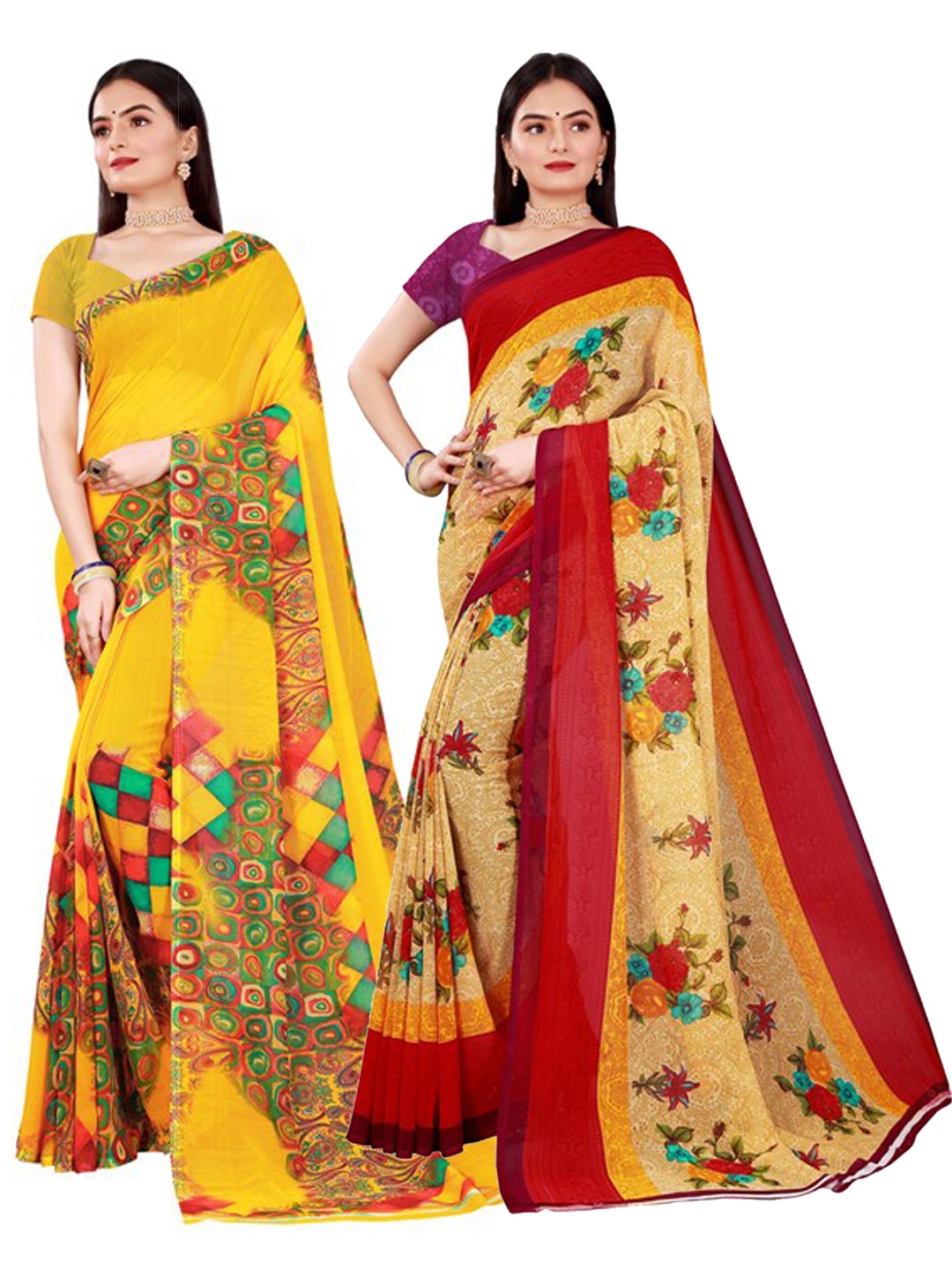 

SAADHVI Yellow Red & Beige Pure Georgette Saree