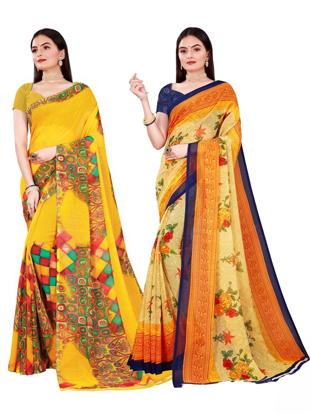 

SAADHVI Women Pack of 2 Yellow & Beige Geometric and Floral Printed Pure Georgette Saree