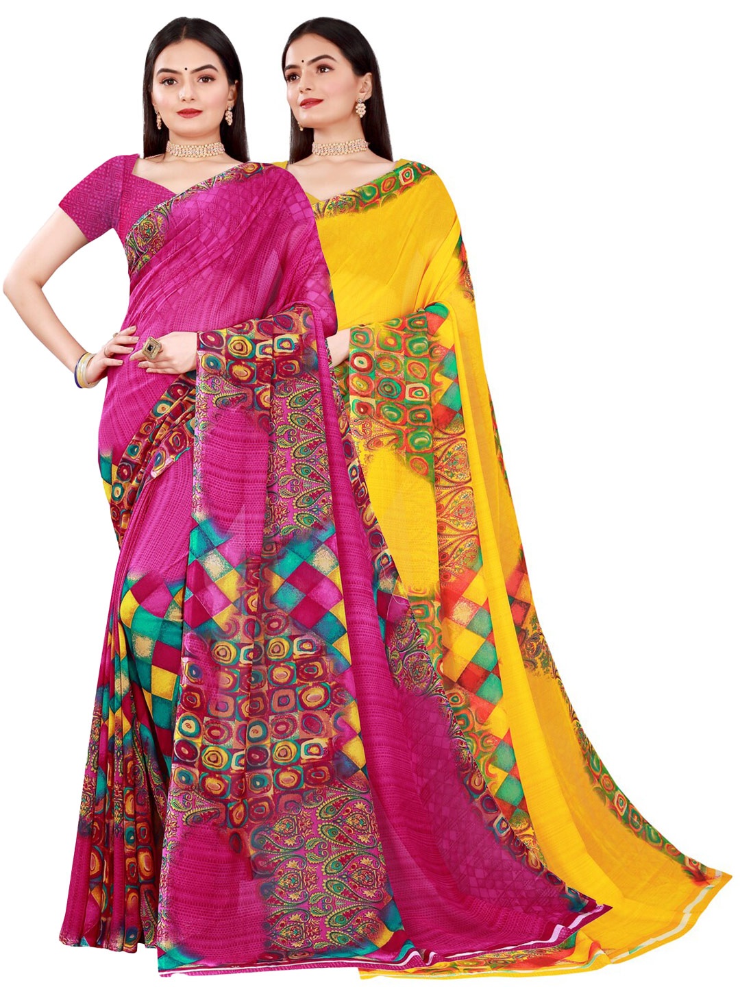 

SAADHVI Pack Of 2 Yellow & Magenta Pure Georgette Saree