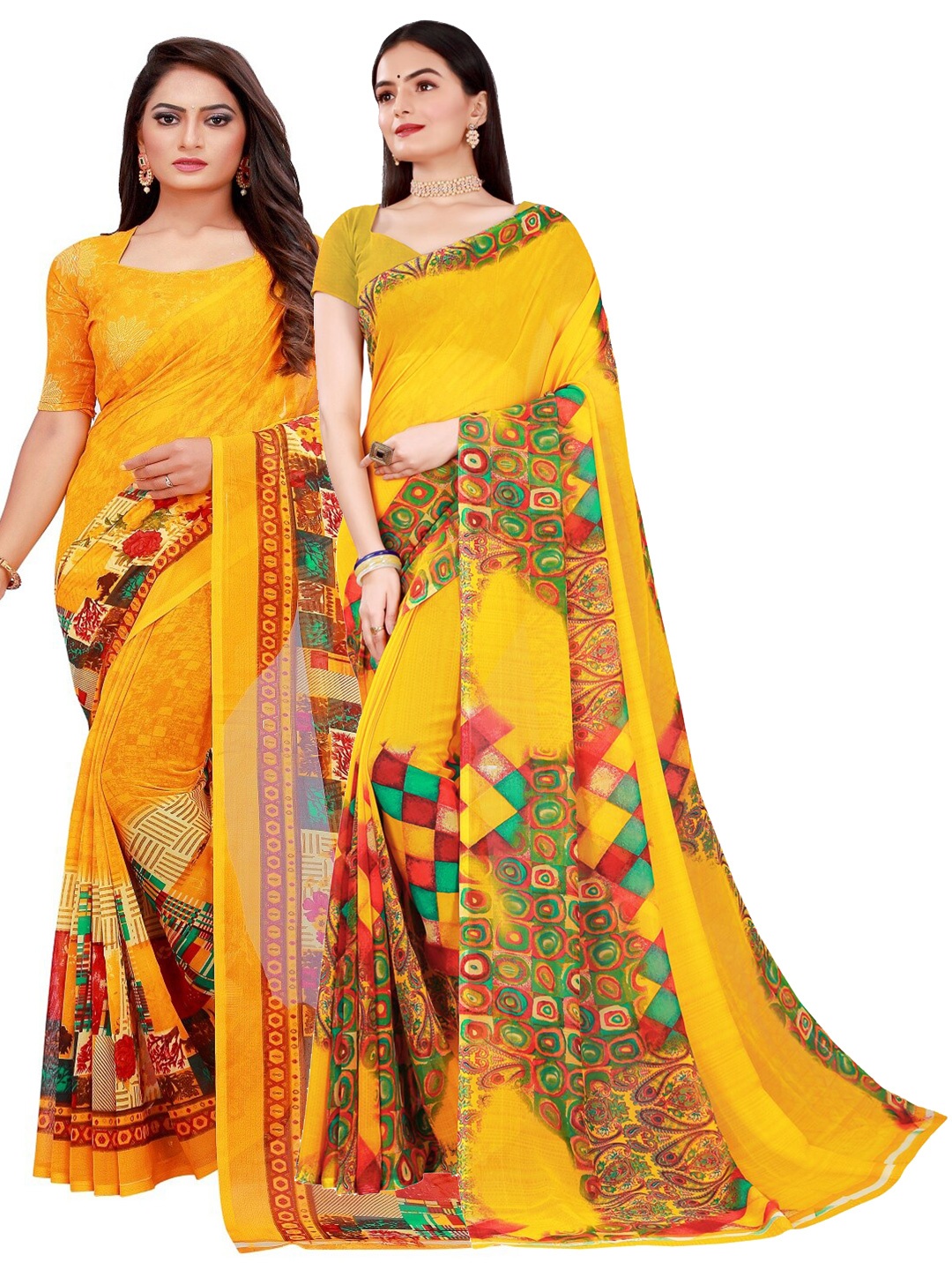 

SAADHVI Pack Of 2 Yellow & Red Pure Georgette Saree With Unstitched Blouse Piece