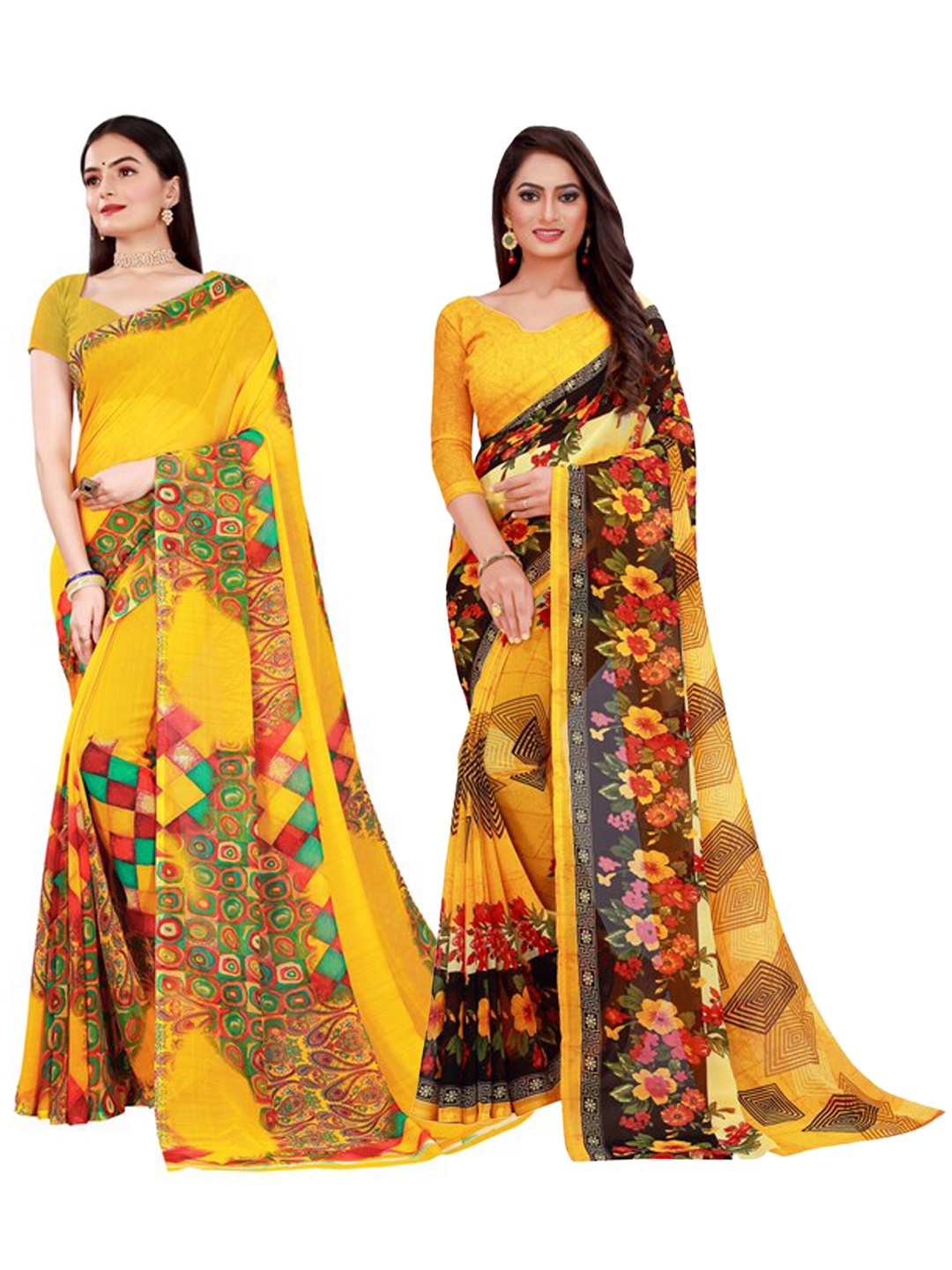 

SAADHVI Yellow & Green Pack of 2 Printed Pure Georgette Saree