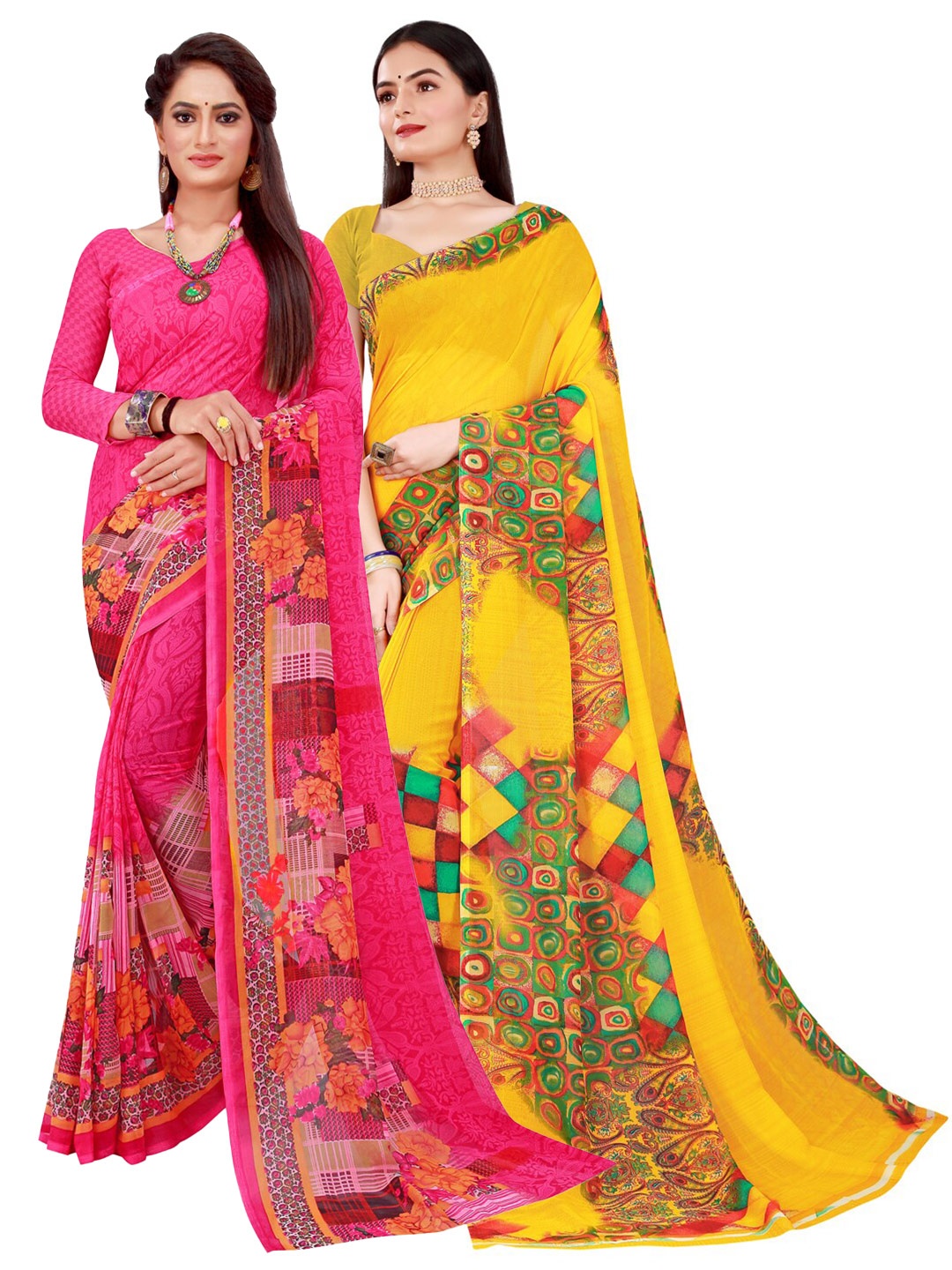 

SAADHVI Pack of 2 Yellow & Magenta Pure Georgette Sarees