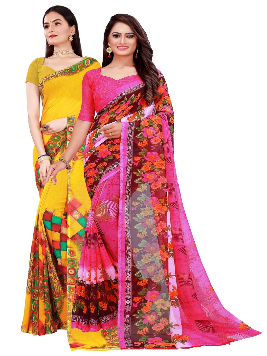 

SAADHVI Pack Of 2 Yellow & Pink Floral Printed Pure Georgette Saree