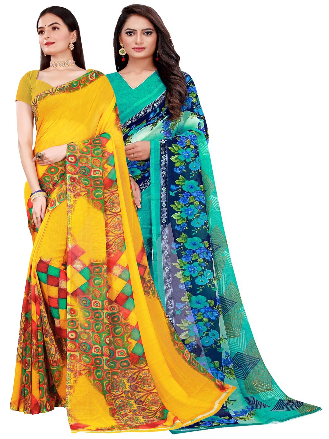 

SAADHVI Pack of 2 Yellow & Turquoise Blue Floral Pure Georgette Saree