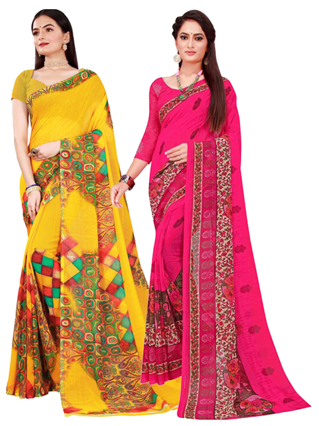

SAADHVI Yellow & Magenta Pack of 2 Pure Georgette Saree