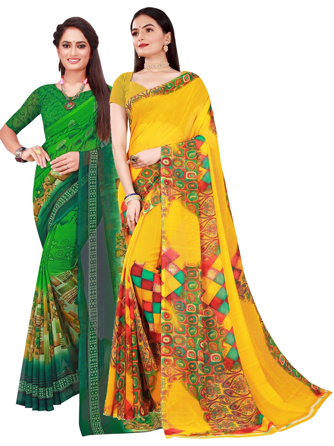 

SAADHVI Pack of 2 Yellow & Green Pure Georgette Saree