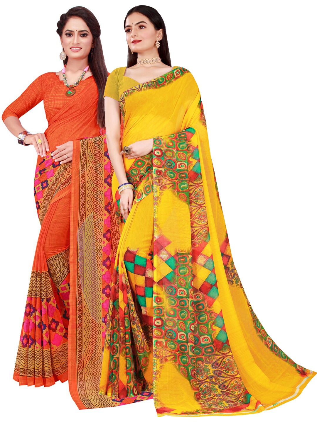 

SAADHVI Yellow & Orange Pure Georgette Saree