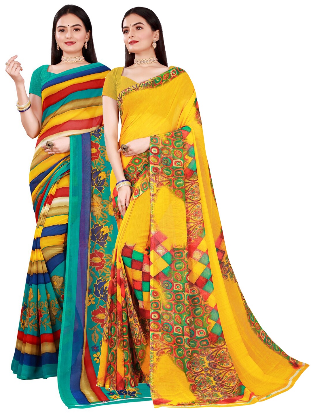 

SAADHVI Yellow & Green Pack of 2 Pure Georgette Saree