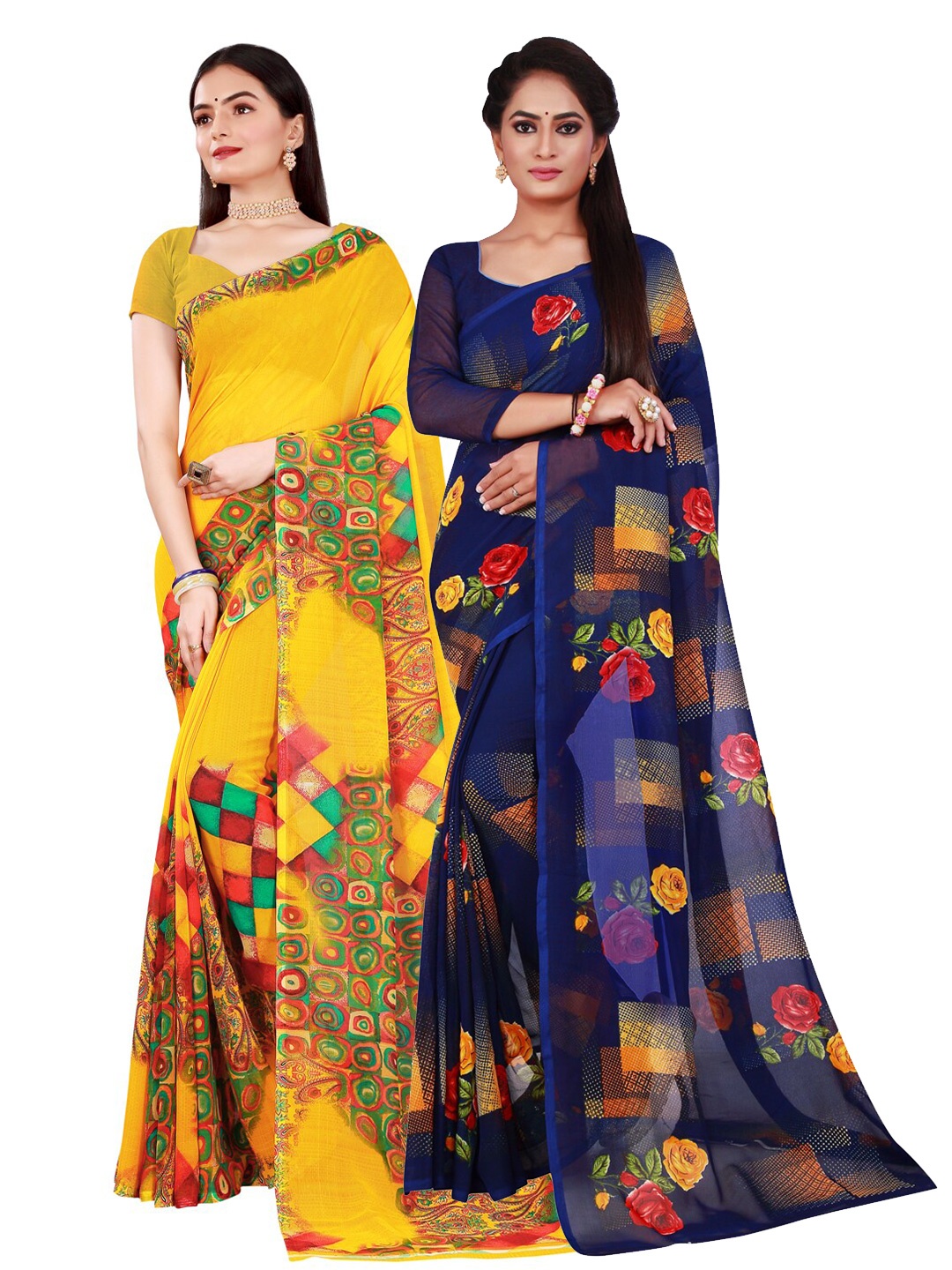 

SAADHVI Set Of 2 Yellow & Navy Blue Floral Pure Georgette Saree