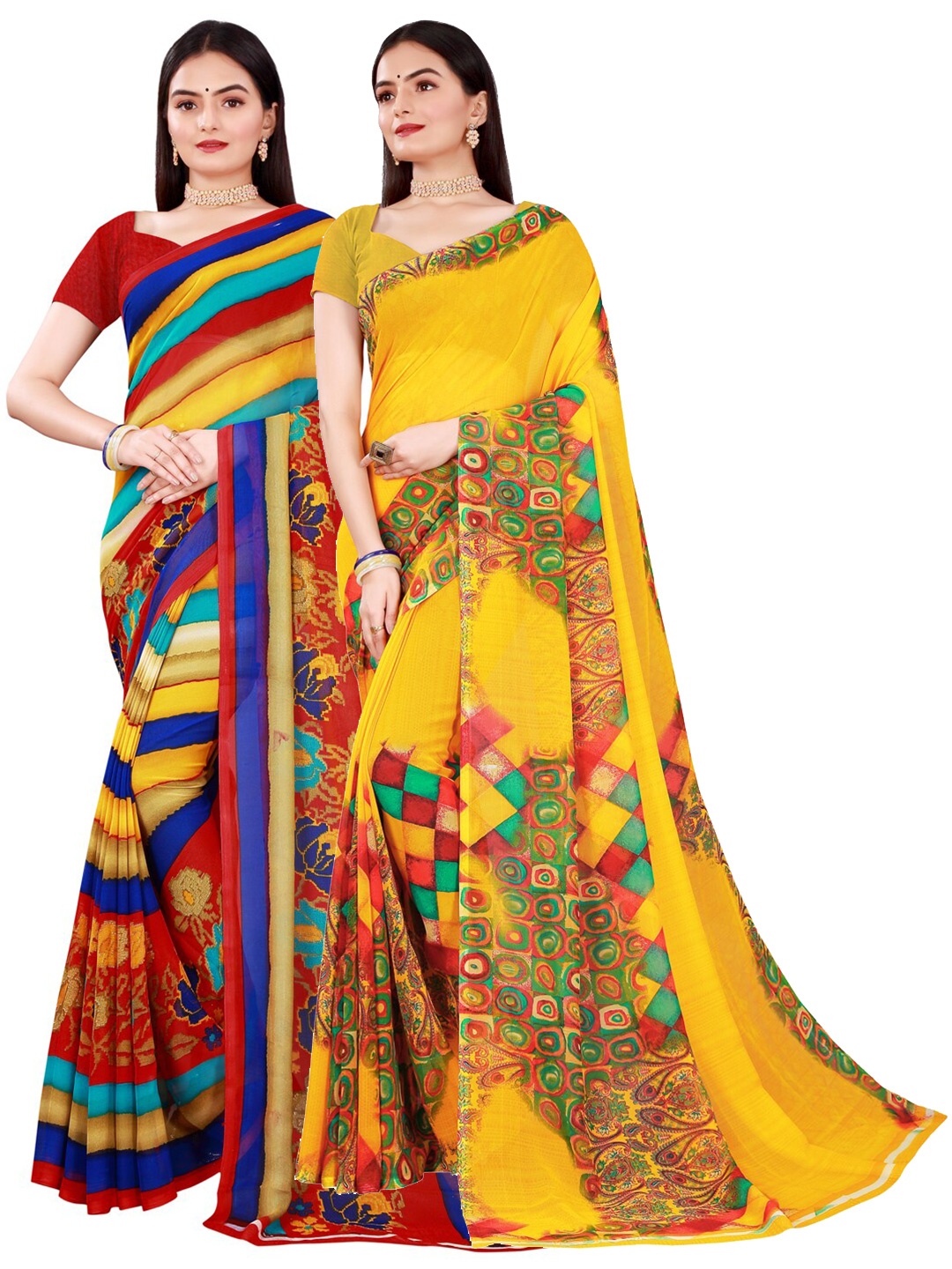 SAADHVI Pack Of 2 Yellow & Red Pure Georgette Saree