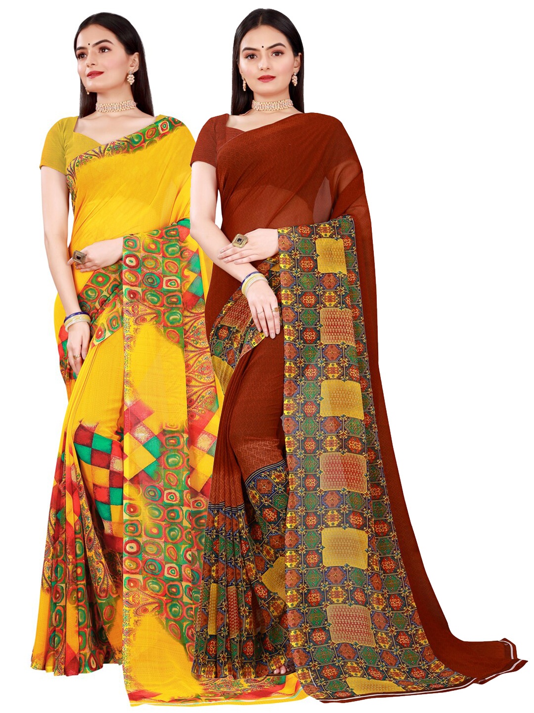 

SAADHVI Pack of 2 Yellow & Maroon Pure Georgette Saree