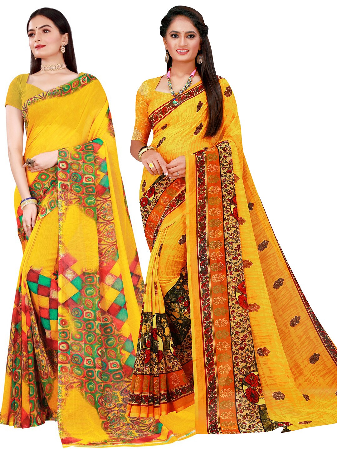

SAADHVI Pack of 2 Yellow Printed Pure Georgette Saree
