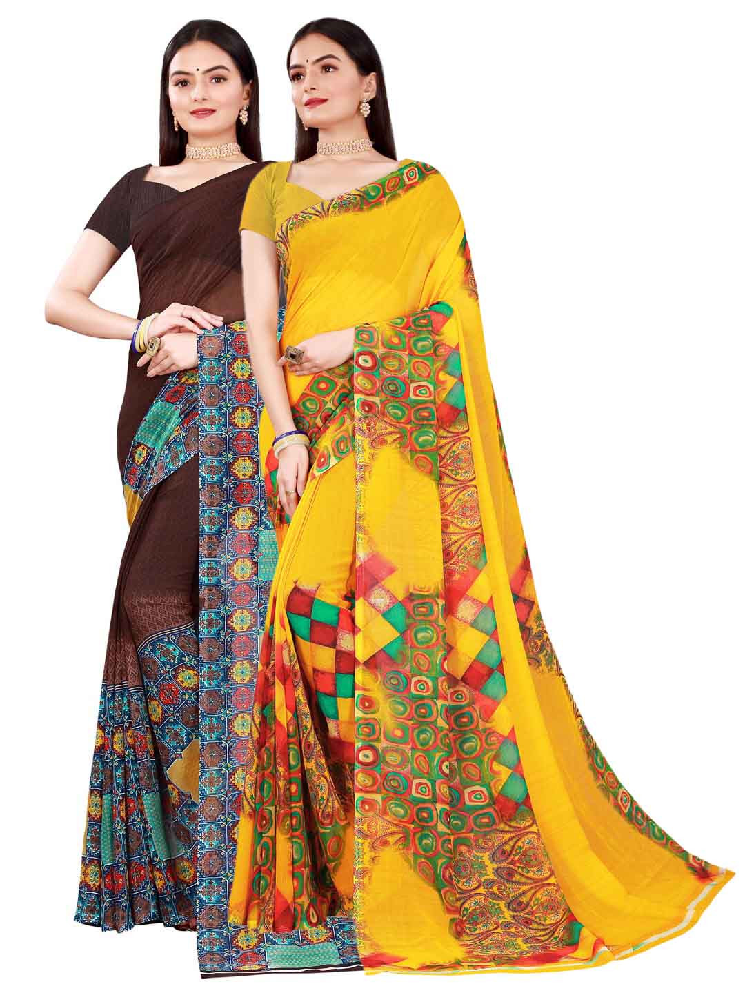 

SAADHVI Women's Georgette Yellow And Brown Printed Combo Saree With Unstithed Blouse