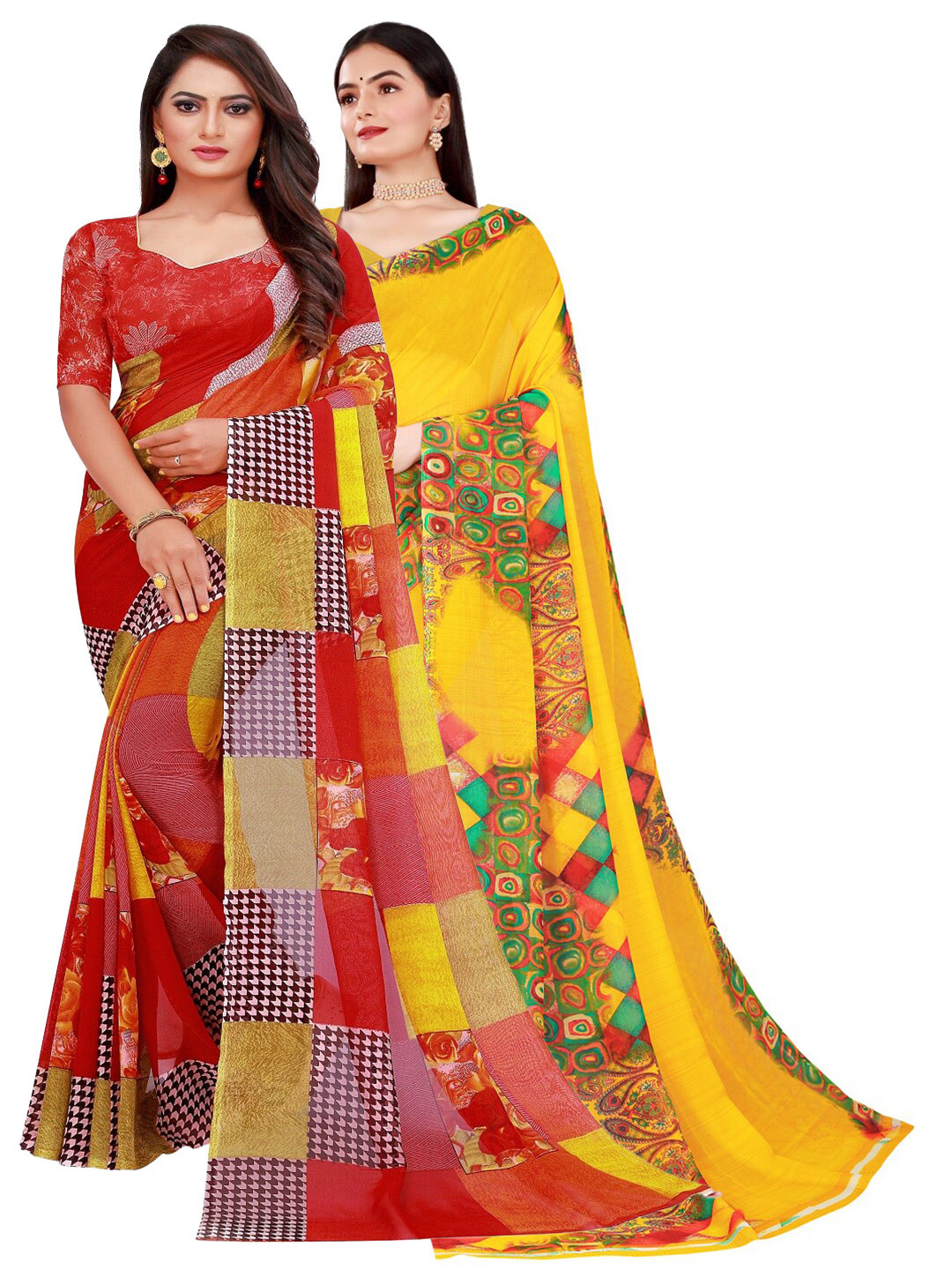 

SAADHVI Pack of 2 Women Yellow & Red Floral Pure Georgette Saree