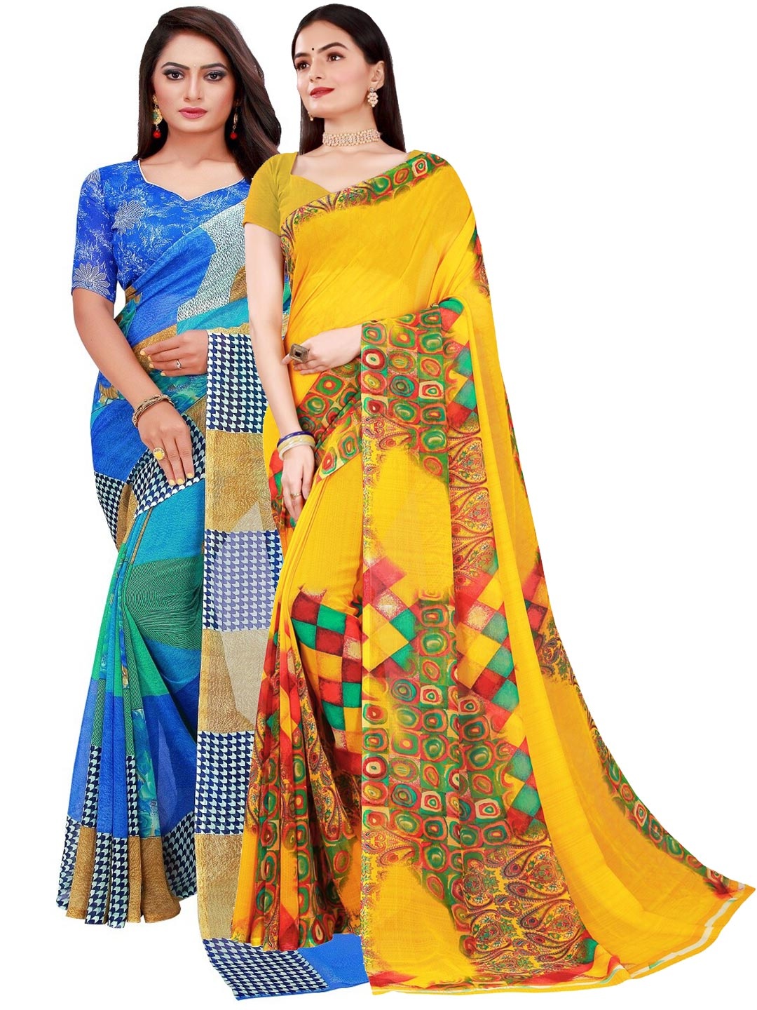 

SAADHVI Pack Of 2 Yellow & Blue Pure Georgette Saree