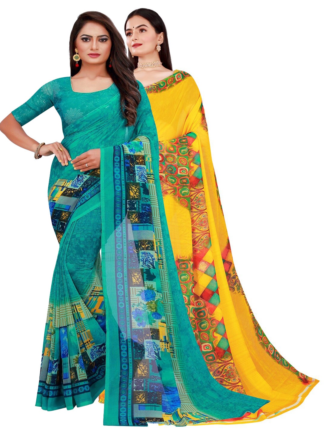 

SAADHVI Yellow & Turquoise Blue Pure Georgette Saree