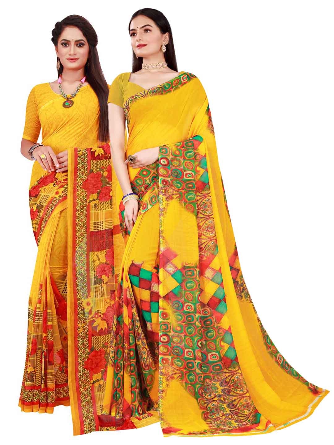 

SAADHVI Pack of 2 Yellow & Red Floral Pure Georgette Saree