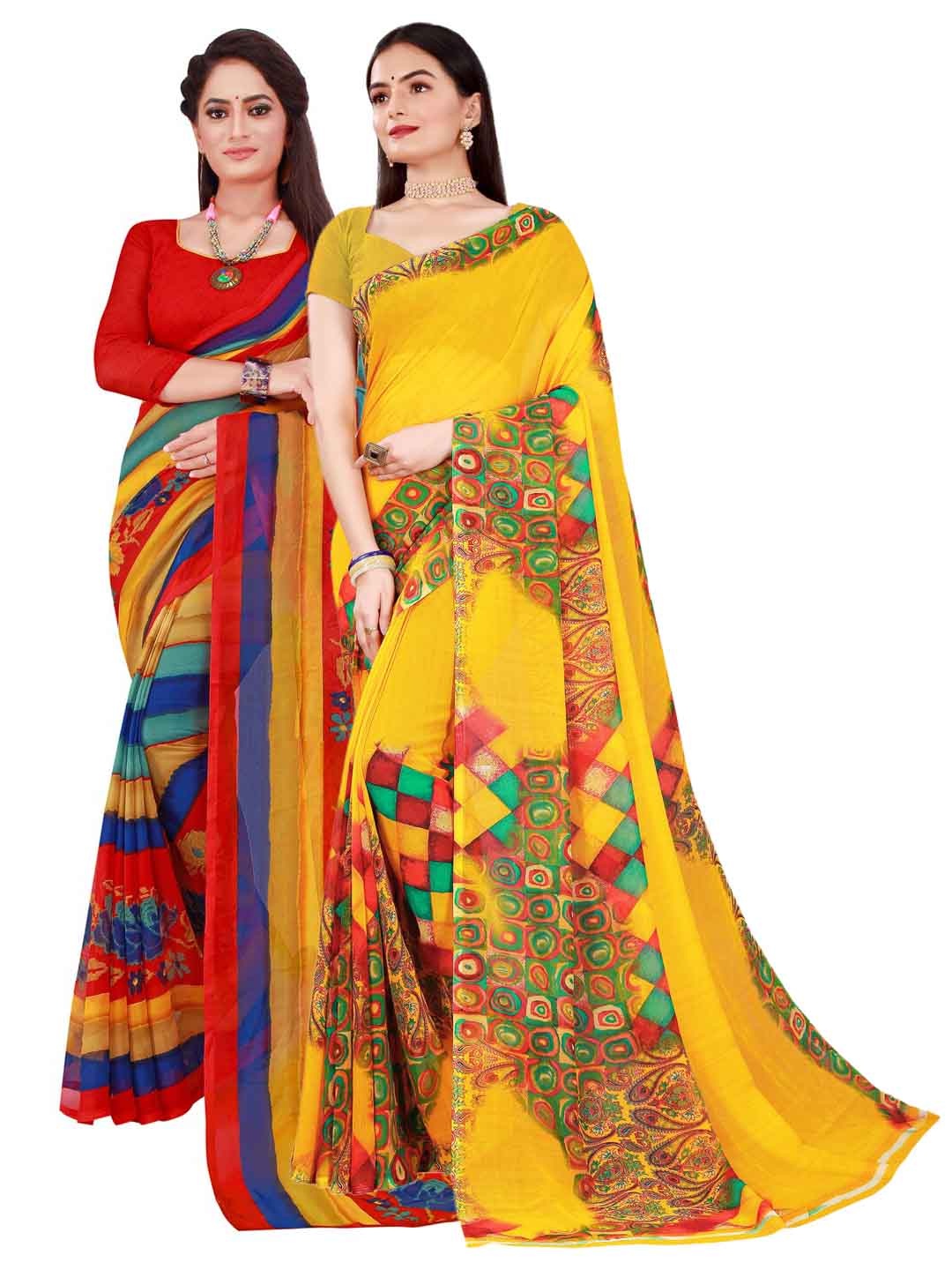 

SAADHVI Pack of 2 Yellow & Red Pure Georgette Sarees