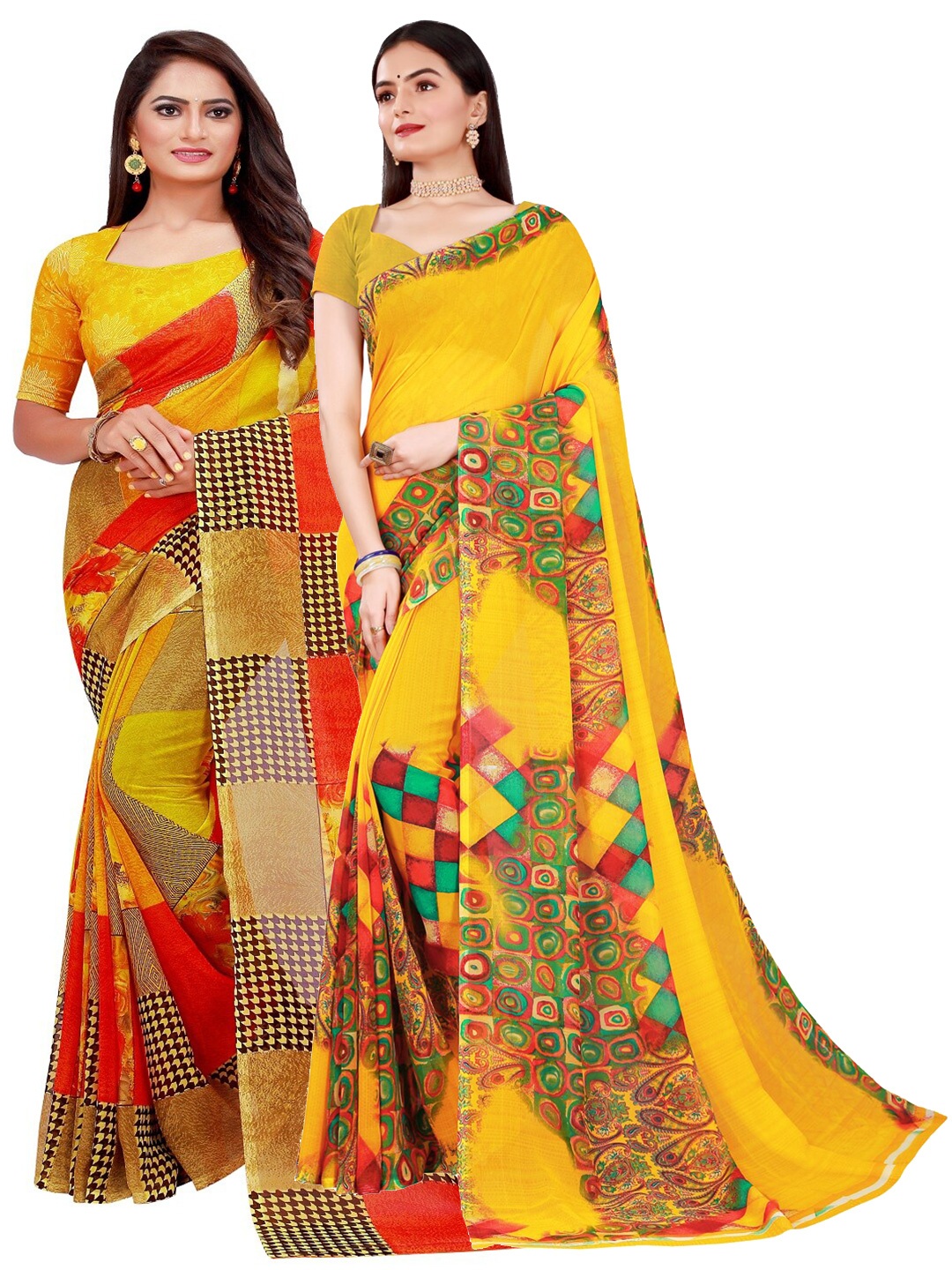

SAADHVI Yellow & Red Pack of 2 Printed Pure Georgette Saree