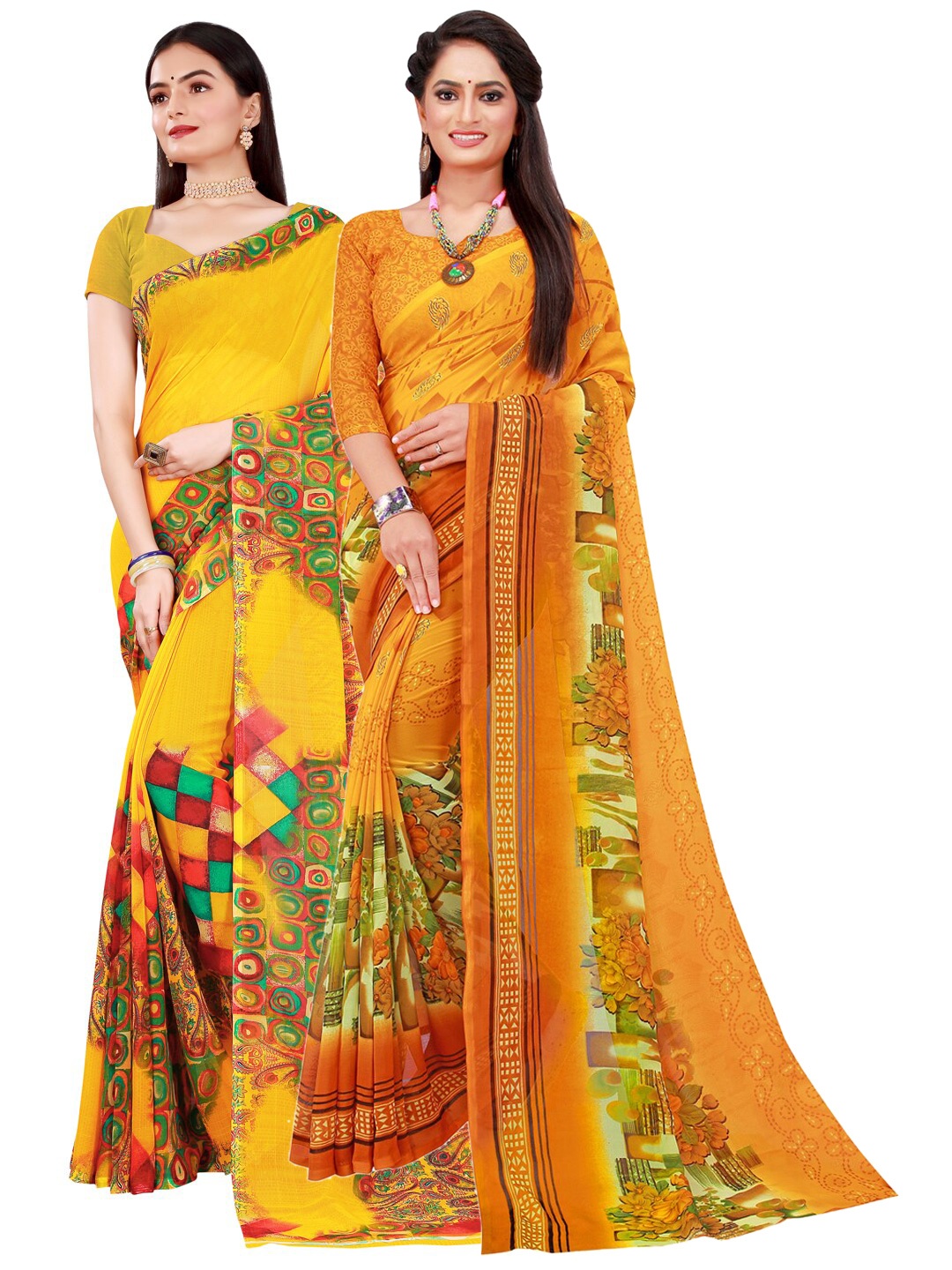 

SAADHVI Women Pack Of 2 Yellow & Yellow Printed Pure Georgette Saree