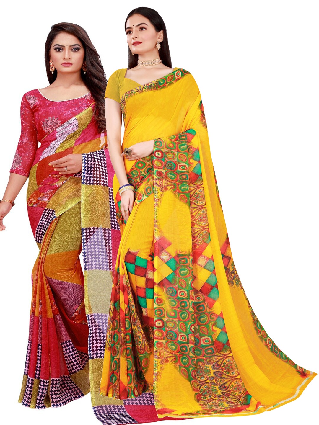 

SAADHVI Pack Of 2 Yellow & Red Floral Printed Pure Georgette Saree