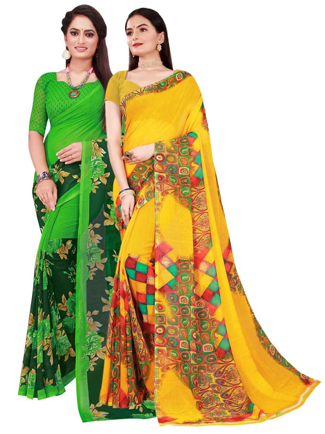 

SAADHVI Yellow & Green Pure Georgette Pack Of 2 Saree