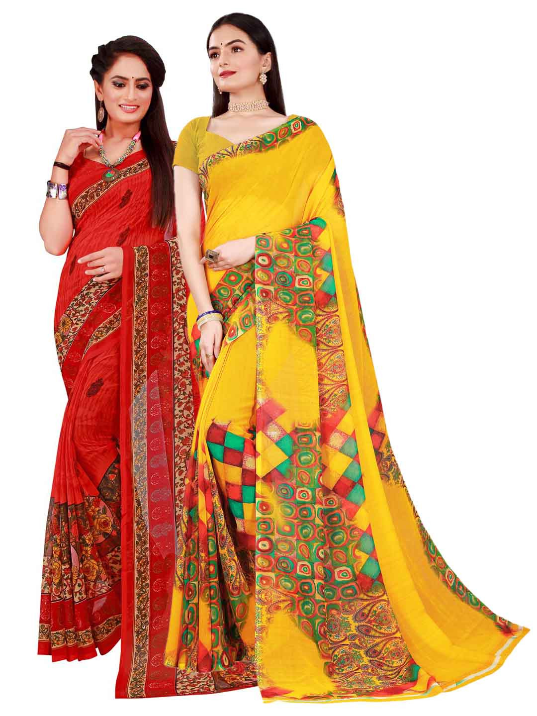 

SAADHVI Pack of 2 Yellow & Red Pure Georgette Saree
